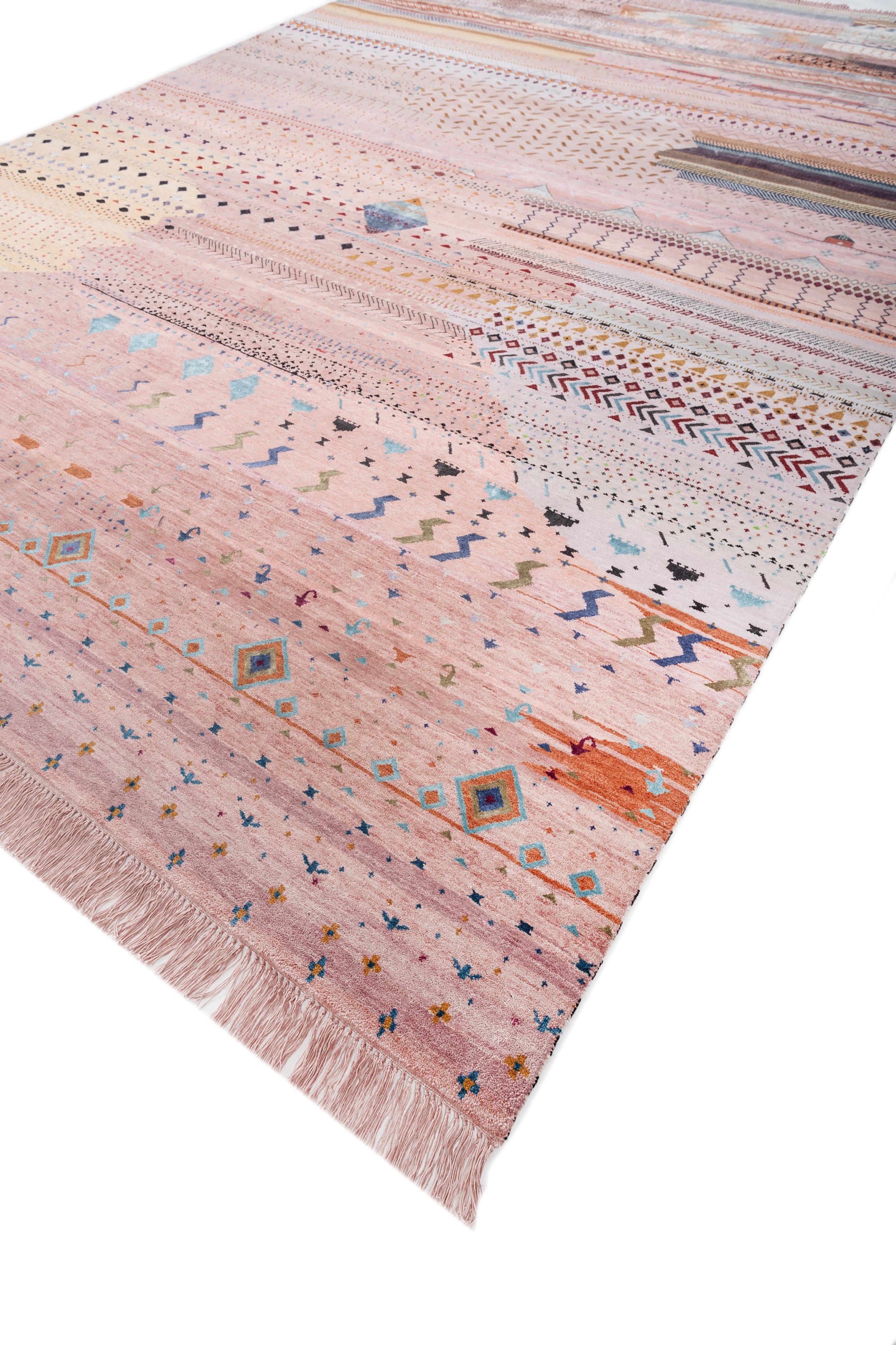 Indiano Tappeto Jaipur Rugs 10x14 piedi annodato a mano in lana e seta di bambù rosa e viola in vendita