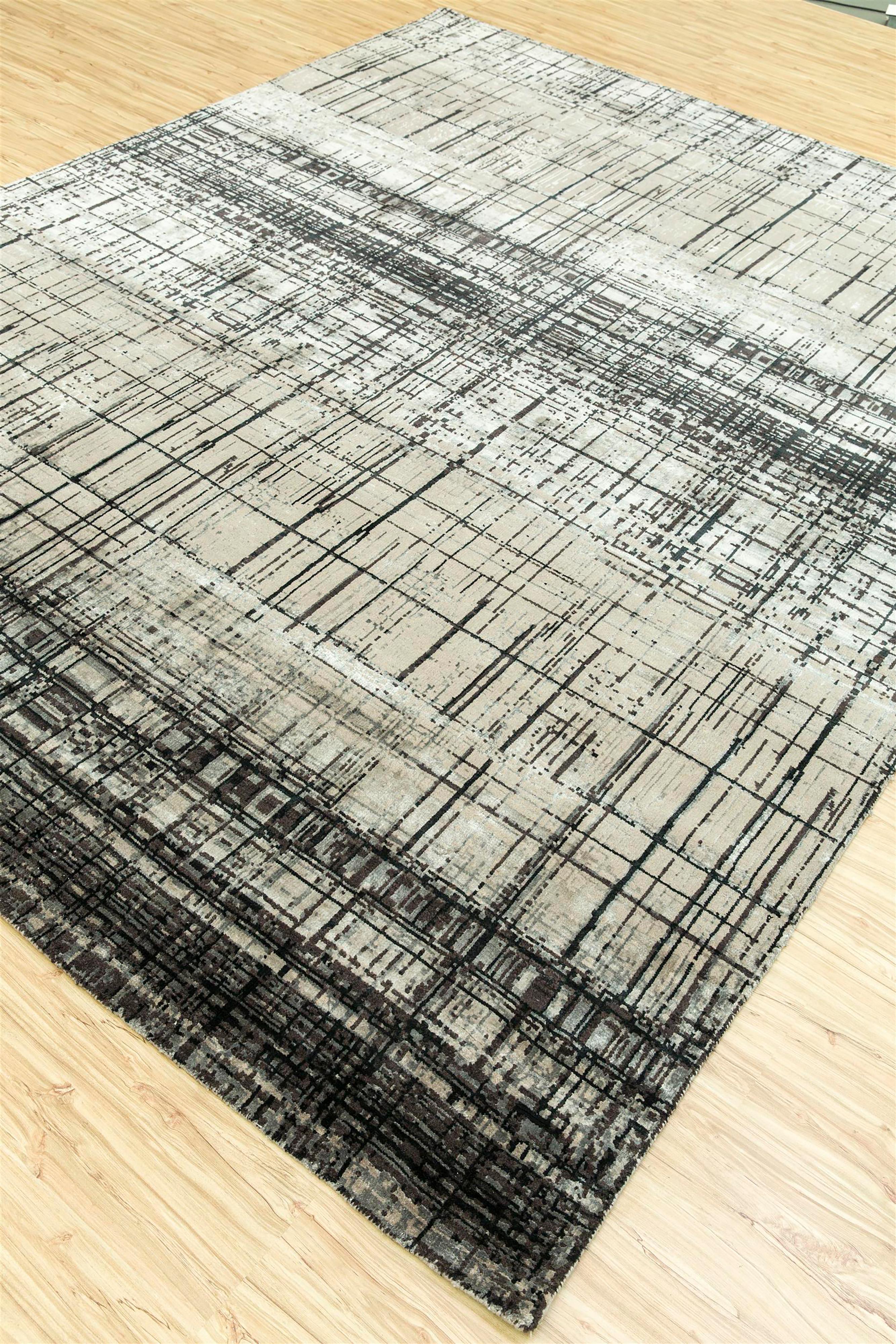 Indiano Jaipur Rugs 4x6 Piedi Tappeto annodato a mano in lana e seta di bambù Grigio e Nero in vendita
