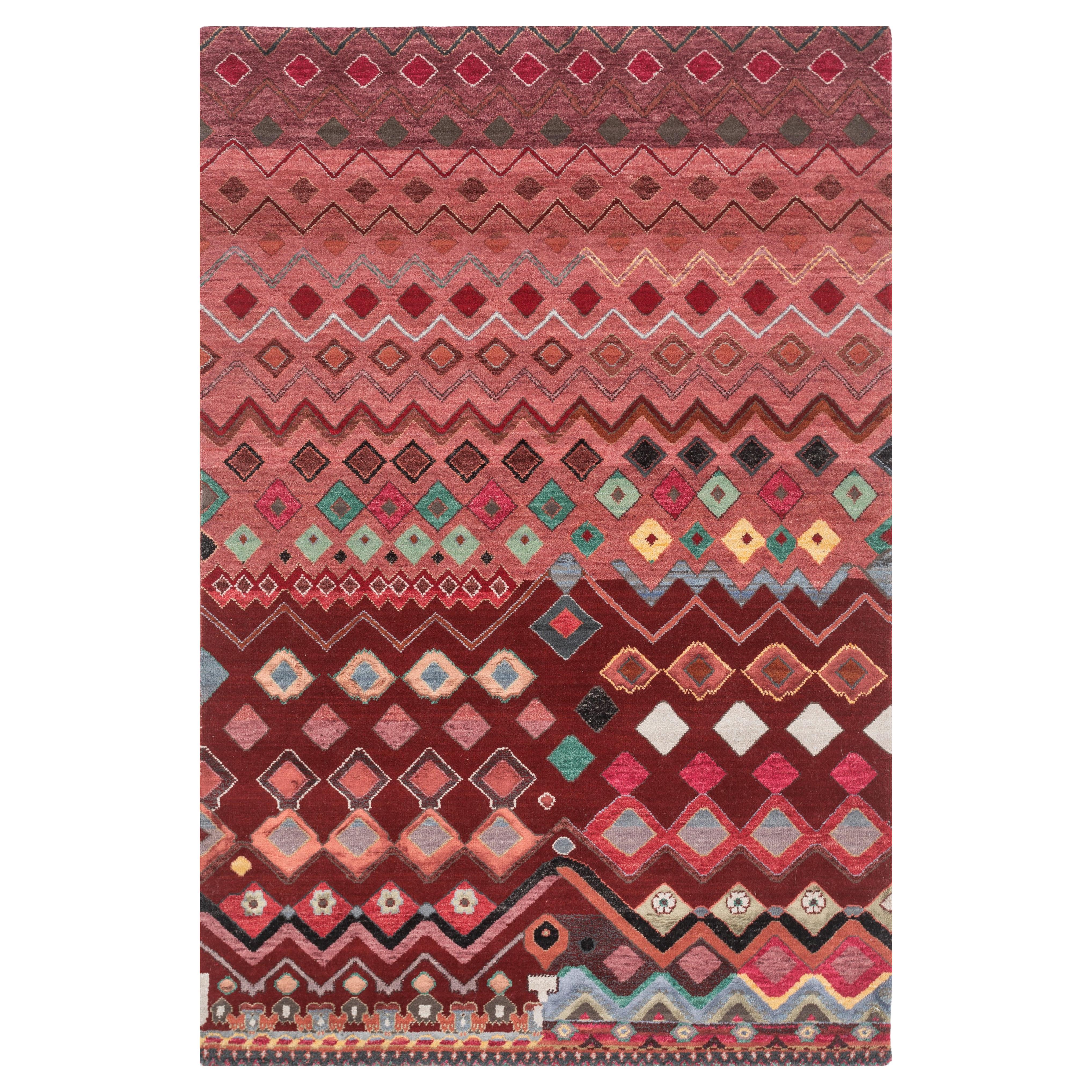 Tappeto Jaipur 4x6 piedi annodato a mano in lana e seta di bambù rosso e arancione moderno