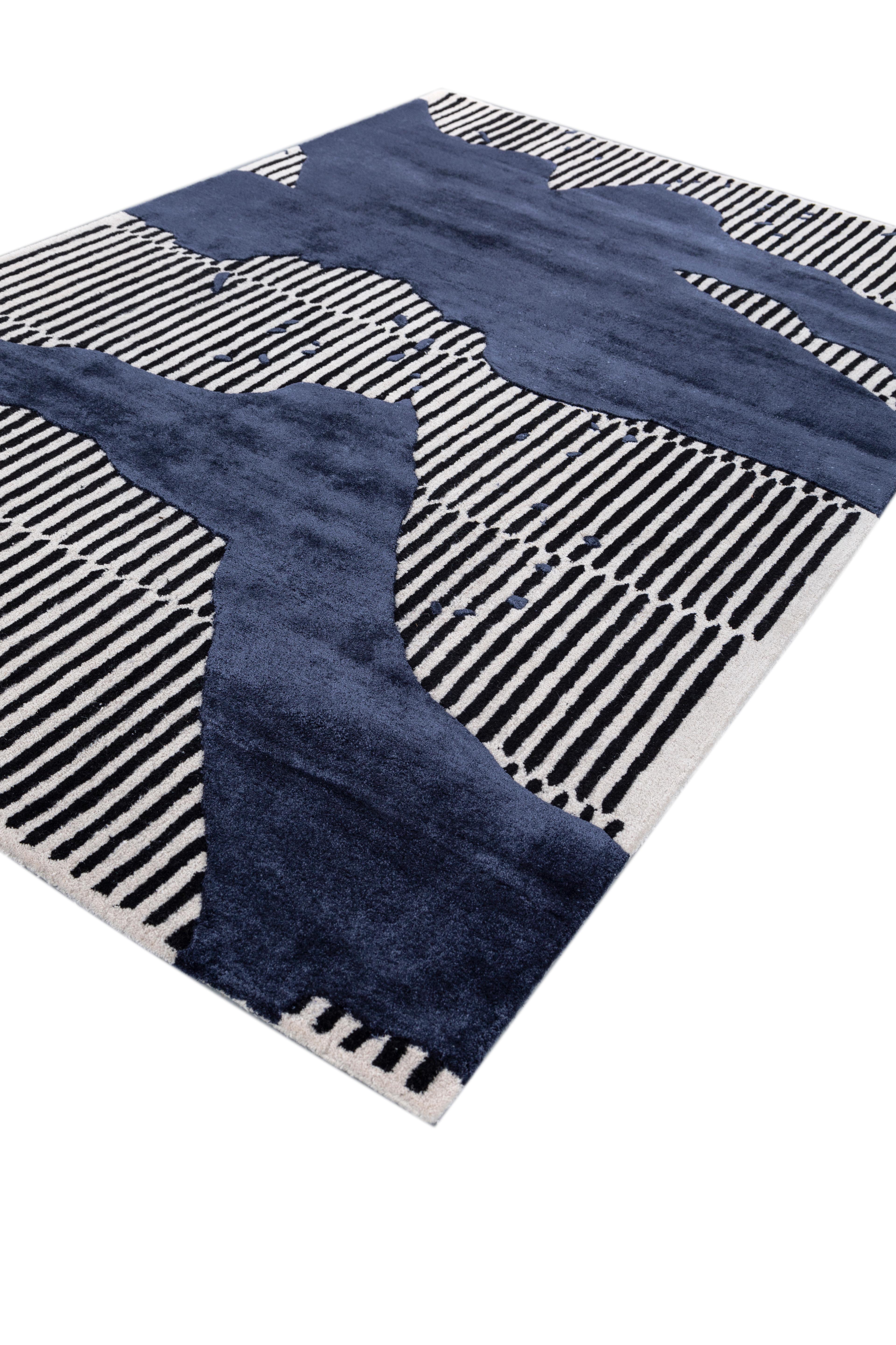 Indiano Tappeto Jaipur Rugs 4x6 Piedi Tappeto trapuntato a mano in lana e viscosa moderno blu in vendita