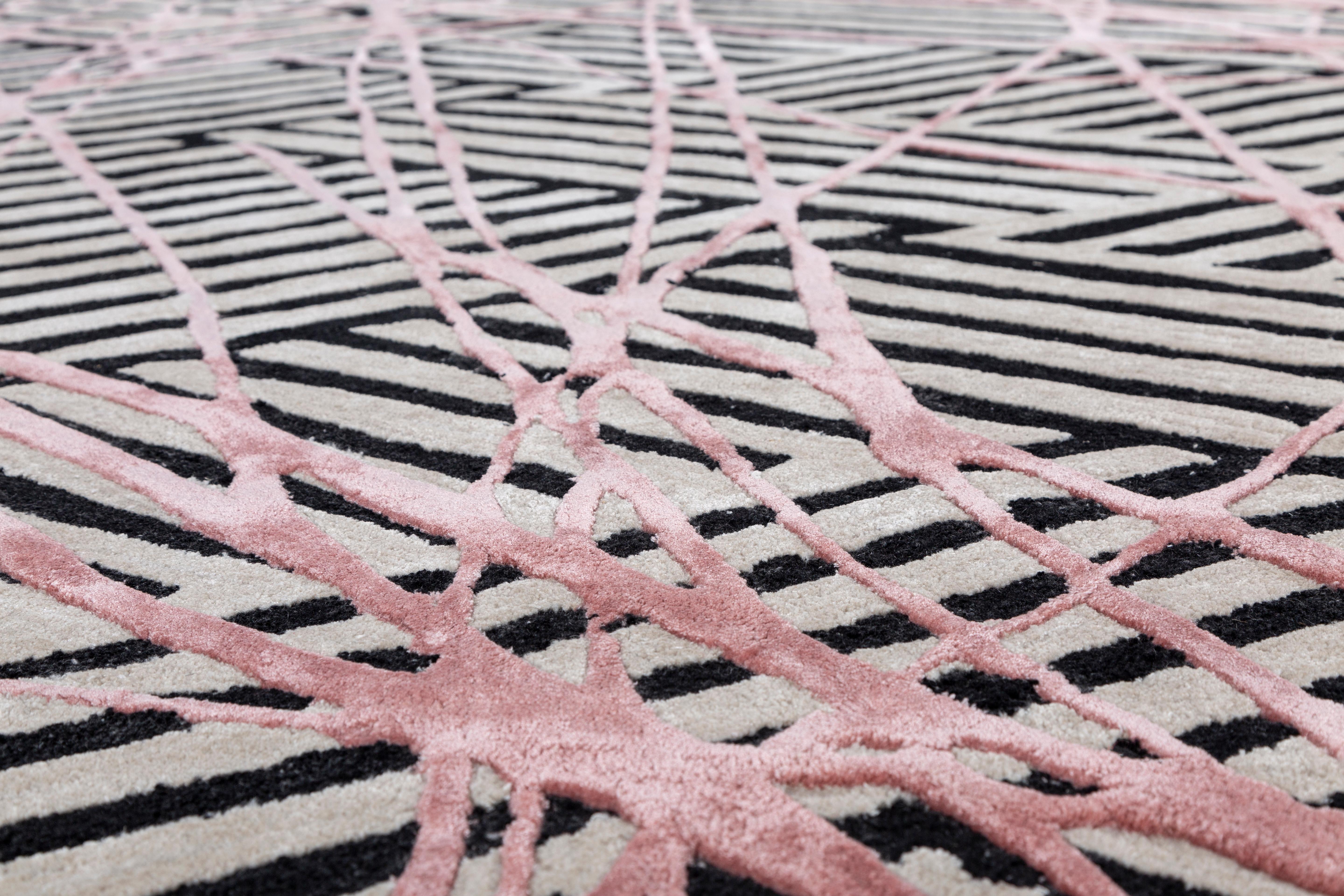 Indiano Tappeto Jaipur Rugs 4x6 Piedi Tappeto trapuntato a mano in lana e viscosa Moderno Grigio e Nero in vendita
