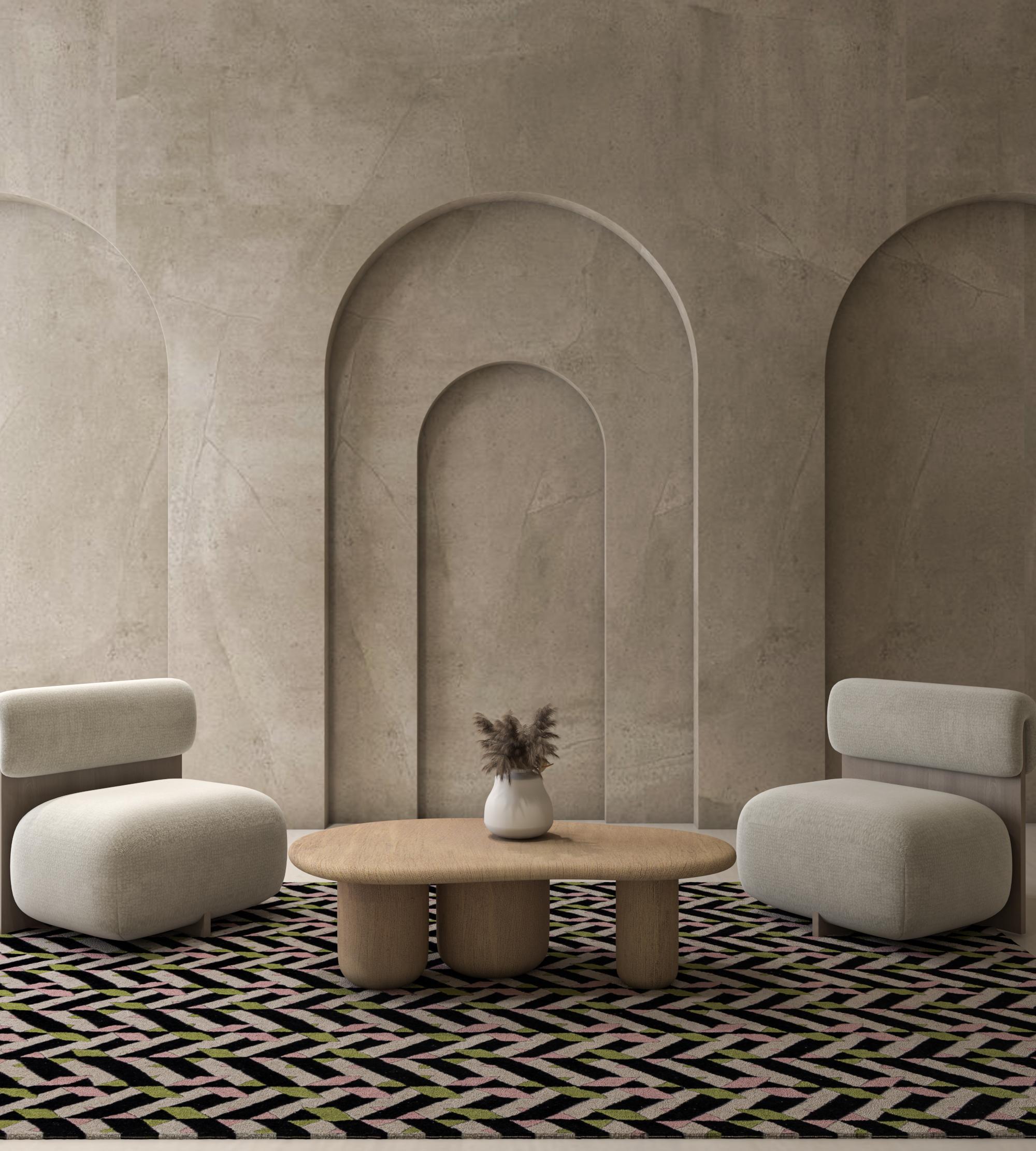 Jaipur Rugs Die Adrift Collection ist eine kühne Erkundung der Kontraste, bei der auffällige Schwarz-Weiß-Muster die Grundlage für jedes Stück bilden. Diese monochromen Elemente sorgen für eine starke, zeitlose Aussage, während kräftige Farbtupfer