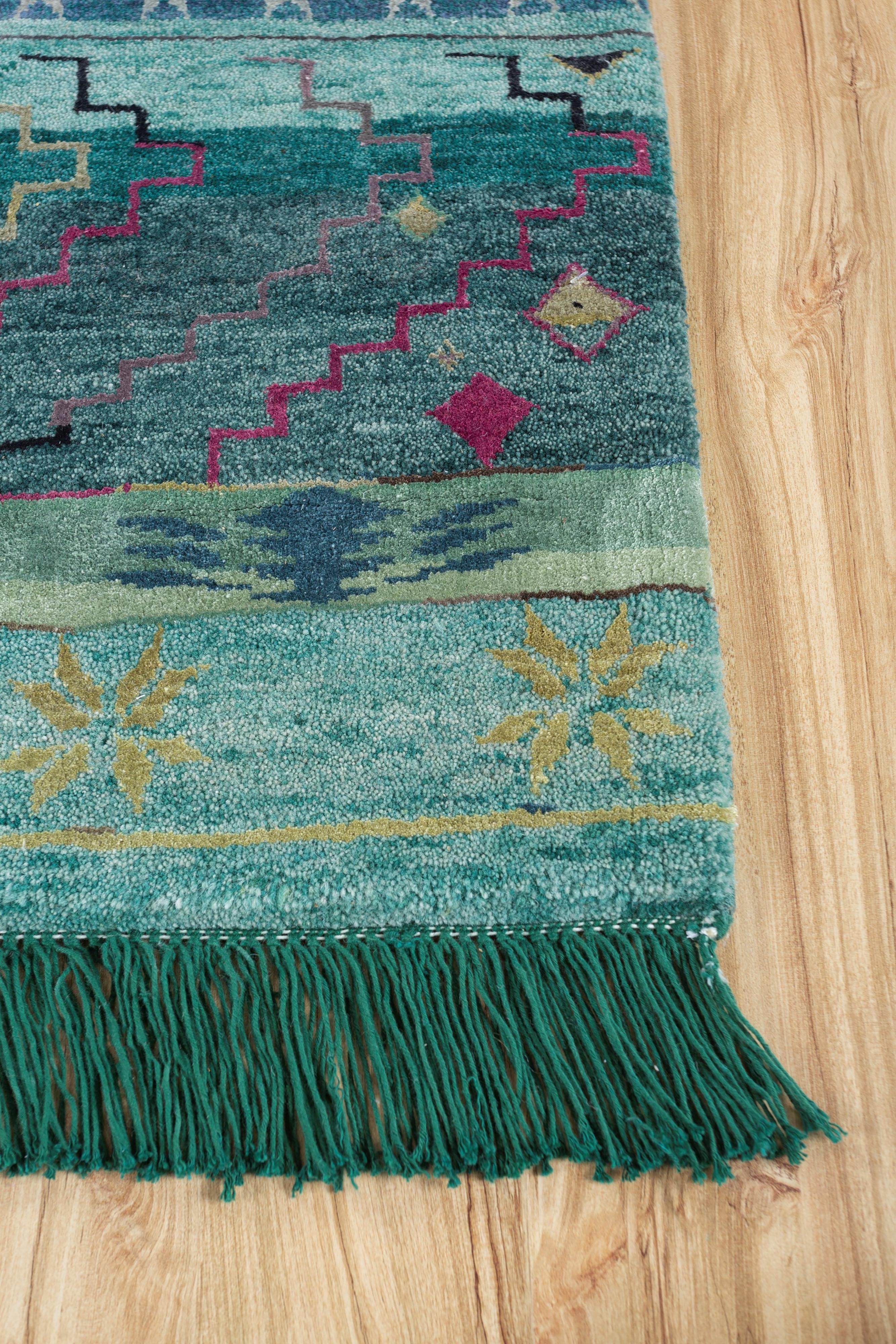 Moderno Tappeto Jaipur Rugs 5'6x8 Feet Annodato a mano in lana e seta di bambù Verde Tappeto moderno in vendita