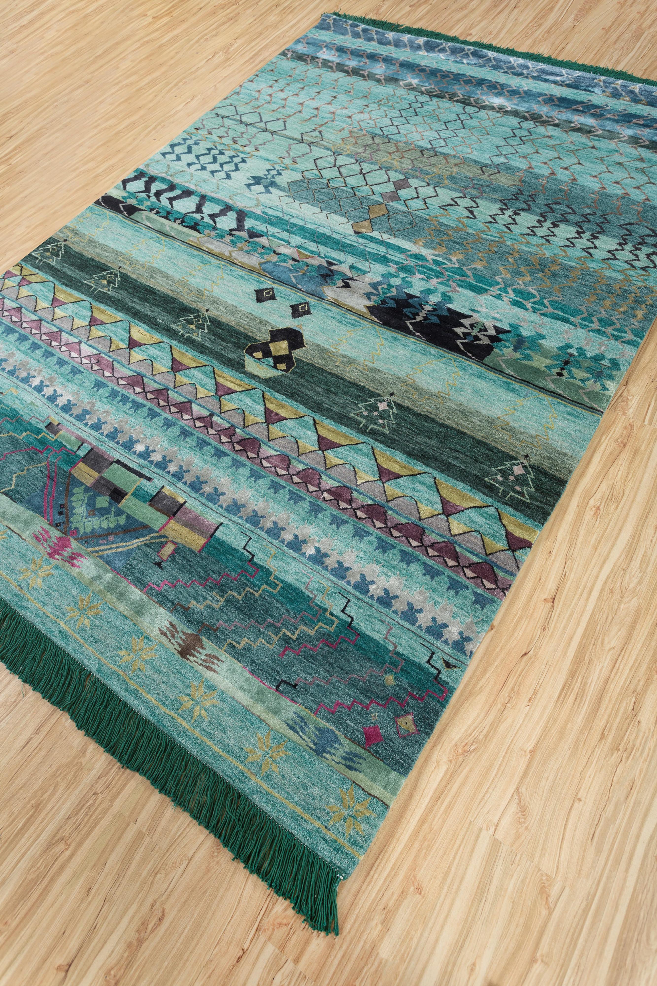 Indiano Tappeto Jaipur Rugs 5'6x8 Feet Annodato a mano in lana e seta di bambù Verde Tappeto moderno in vendita