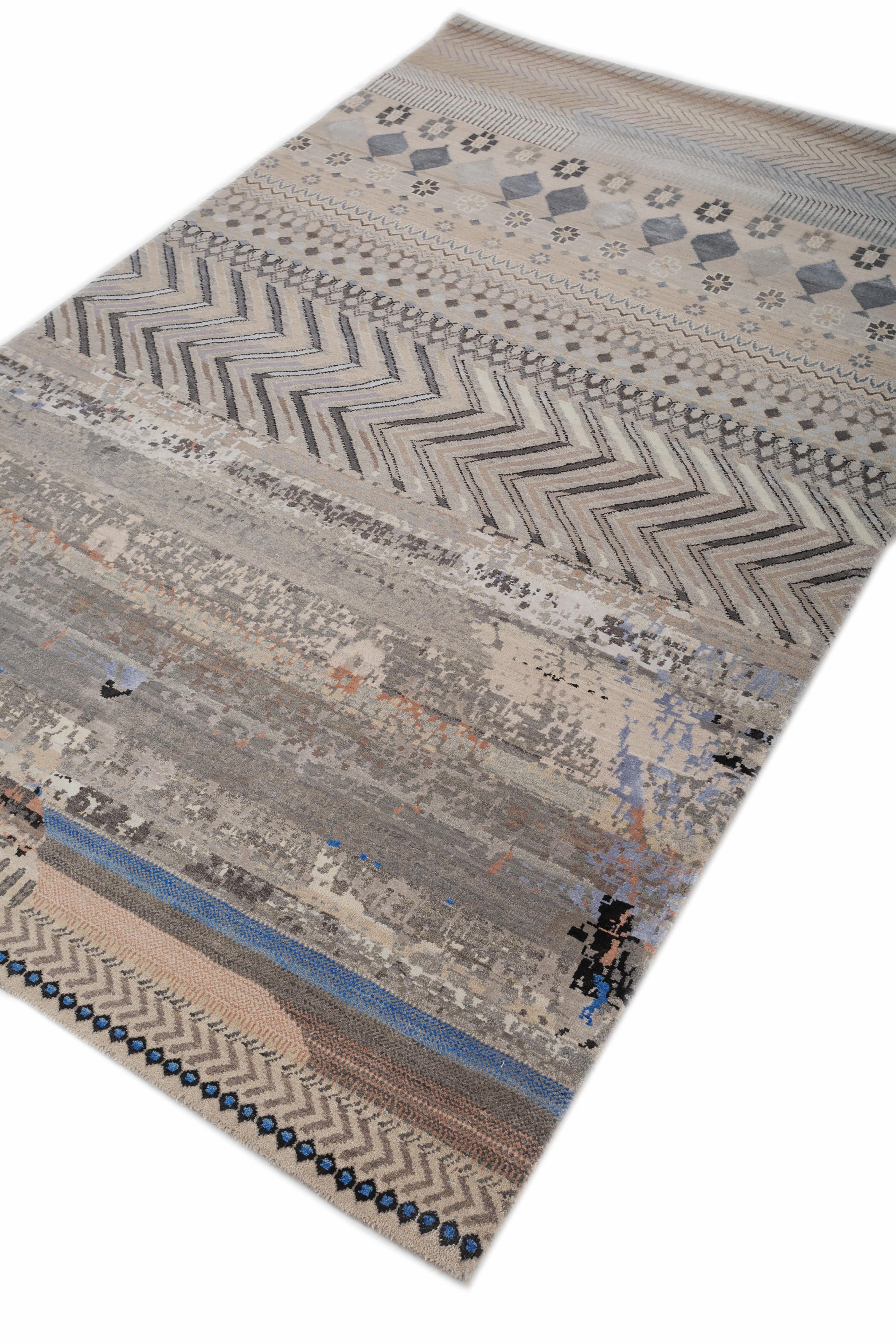 Annodato a mano Jaipur Rugs 5x8 Piedi Tappeto annodato a mano in lana e seta di bambù Grigio e Nero Moderno in vendita