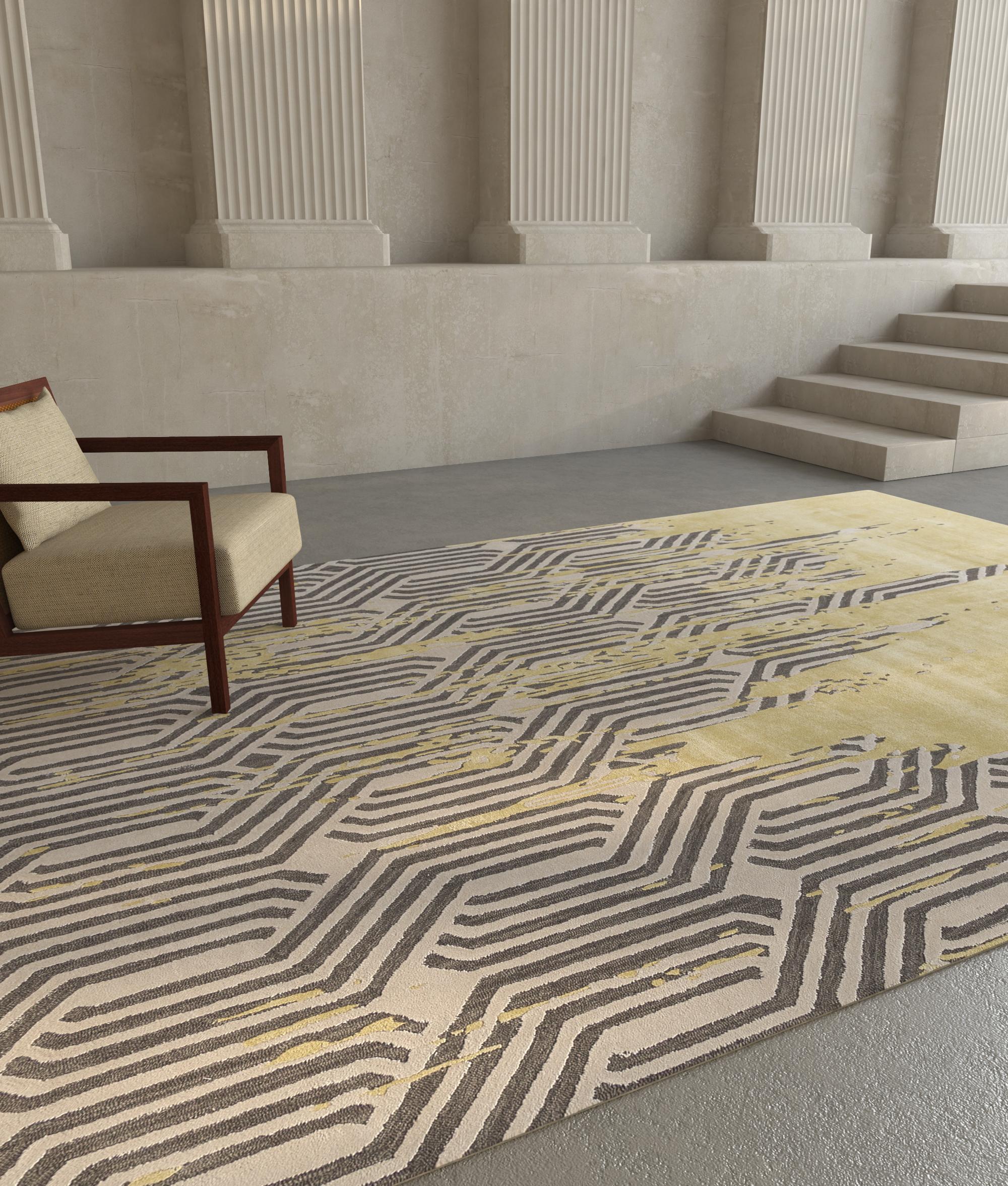 Jaipur Rugs Die Adrift Collection ist eine kühne Erkundung der Kontraste, bei der auffällige Schwarz-Weiß-Muster die Grundlage für jedes Stück bilden. Diese monochromen Elemente sorgen für eine starke, zeitlose Aussage, während kräftige Farbtupfer