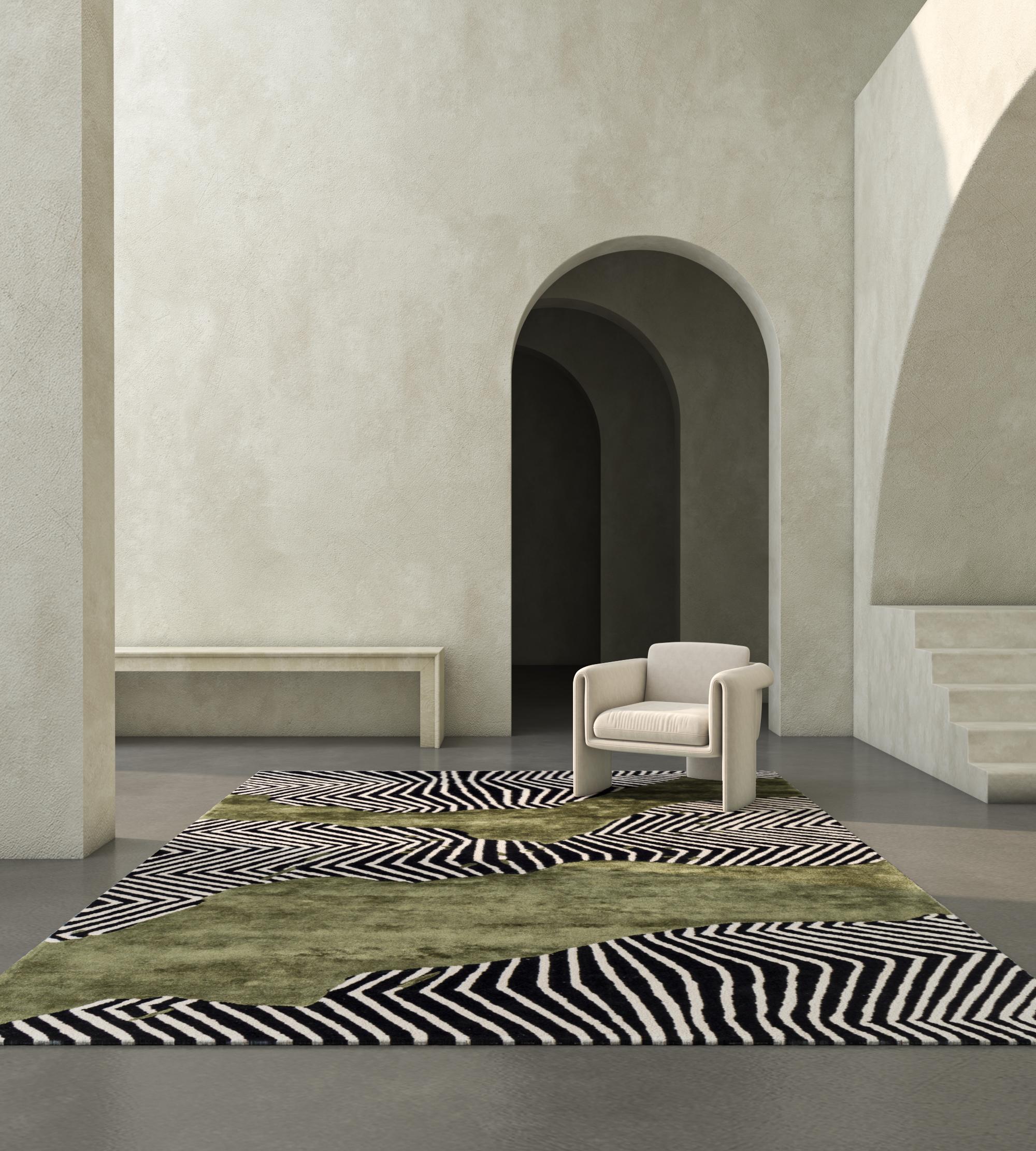 Jaipur Rugs Die Adrift Collection ist eine kühne Erkundung der Kontraste, bei der auffällige Schwarz-Weiß-Muster die Grundlage für jedes Stück bilden. Diese monochromen Elemente sorgen für eine starke, zeitlose Aussage, während kräftige Farbtupfer