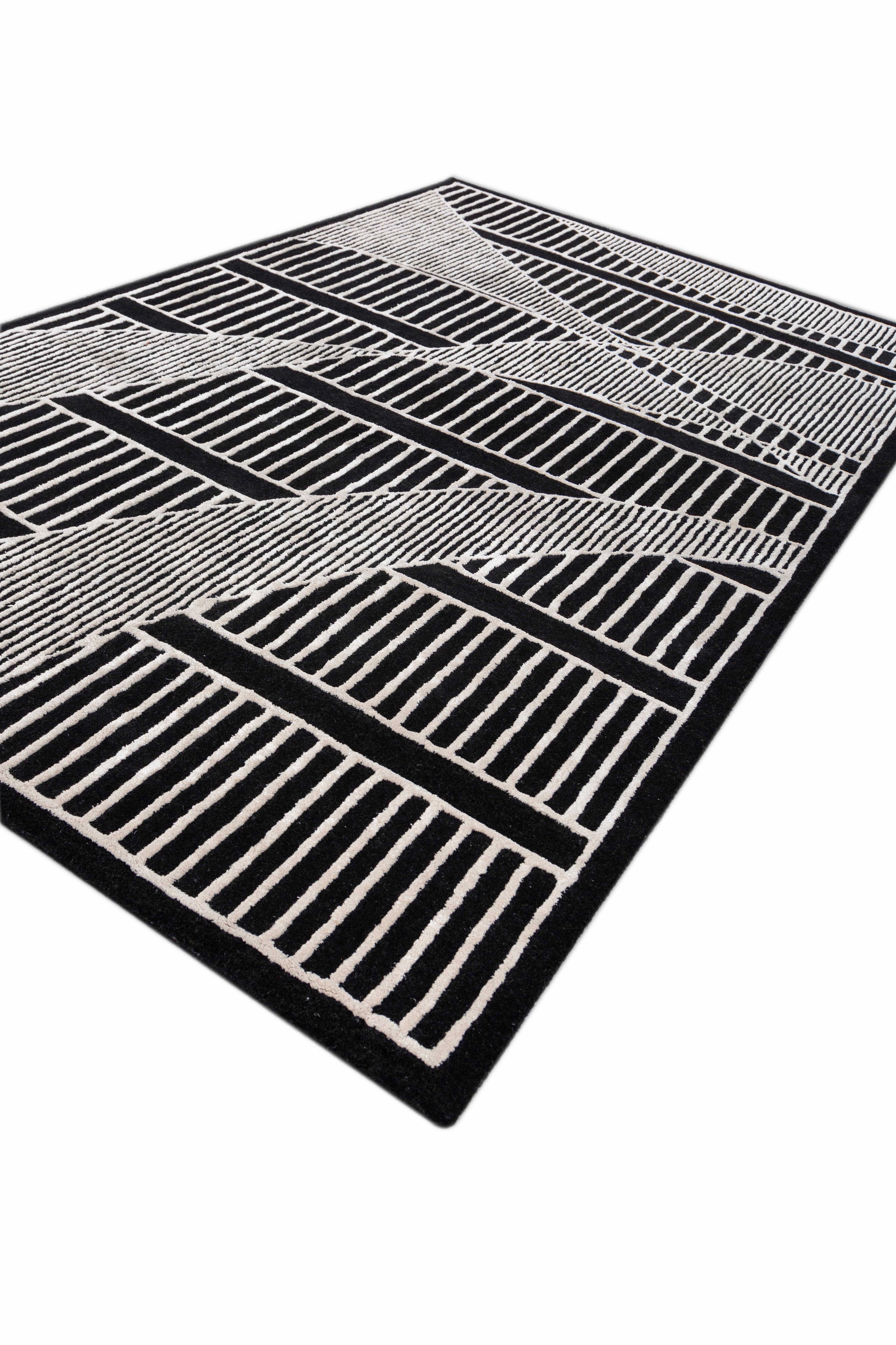 Indiano Tappeto Jaipur Rugs 5x8 Piedi Tappeto di Lana e Viscosa moderno, grigio e nero, trapuntato a mano in vendita