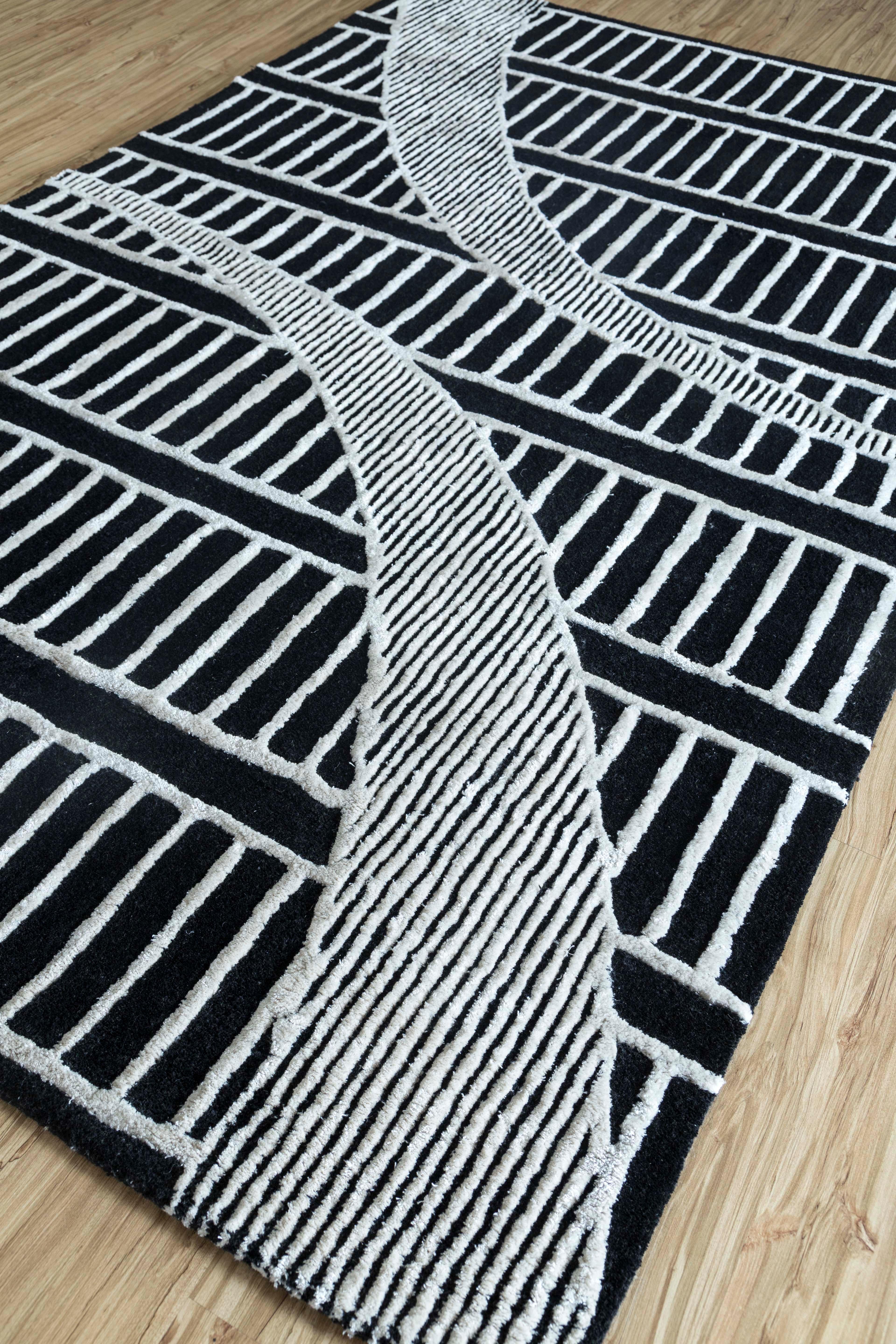 Indiano Tappeto Jaipur Rugs 5x8 Piedi Tappeto di Lana e Viscosa moderno, grigio e nero, trapuntato a mano in vendita