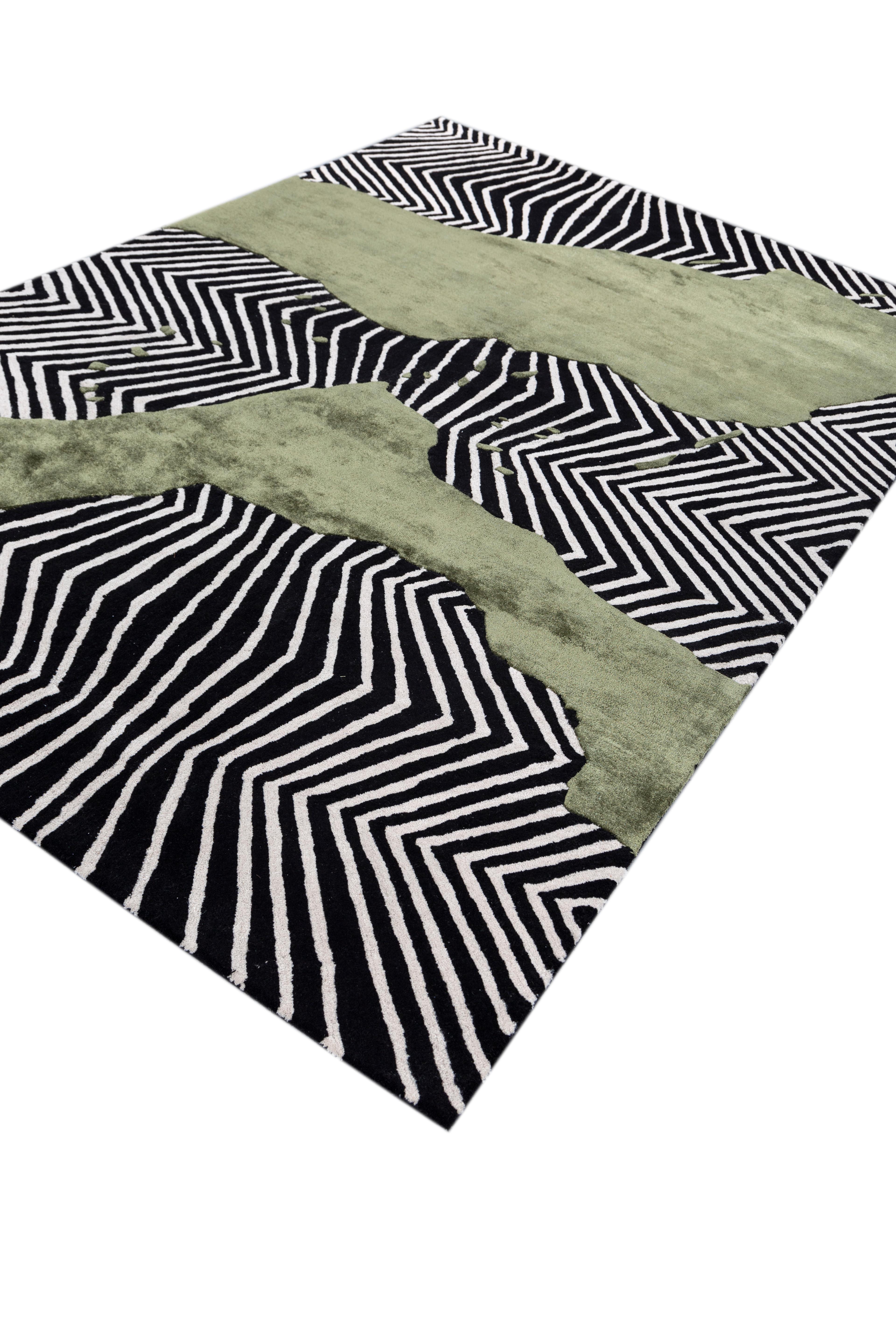 Jaipur Teppiche 5x8 Fuß Hand getuftet Teppich Wolle und Viskose Modern Grau Schwarz Teppich (Indisch) im Angebot