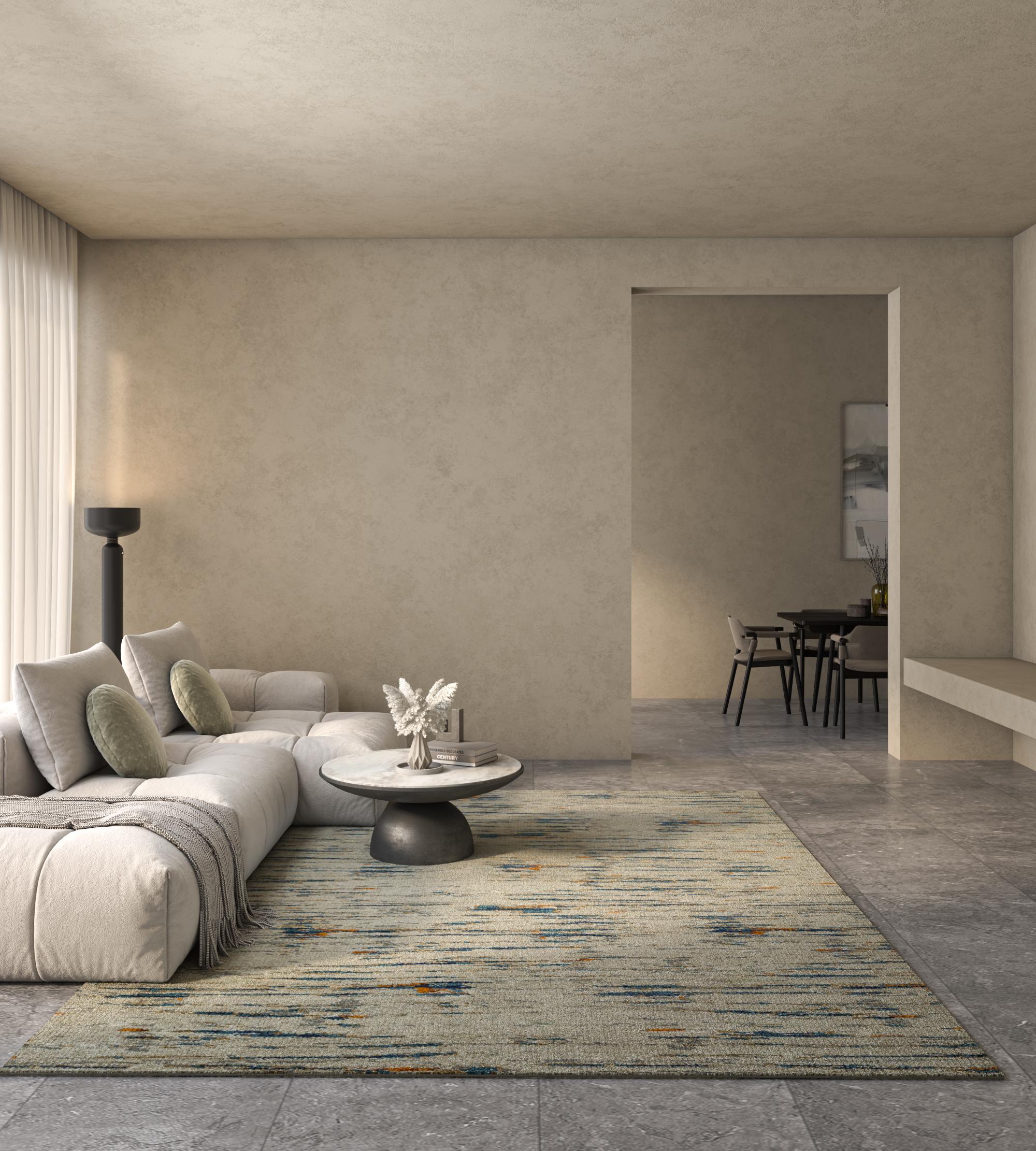 Dans une symphonie de couleurs de blanc antique et de sarcelle, le tapis devient une toile où la richesse de la laine s'entrelace avec le toucher luxueux de la soie de bambou. L'esthétique moderne n'est pas seulement un style, c'est un récit du