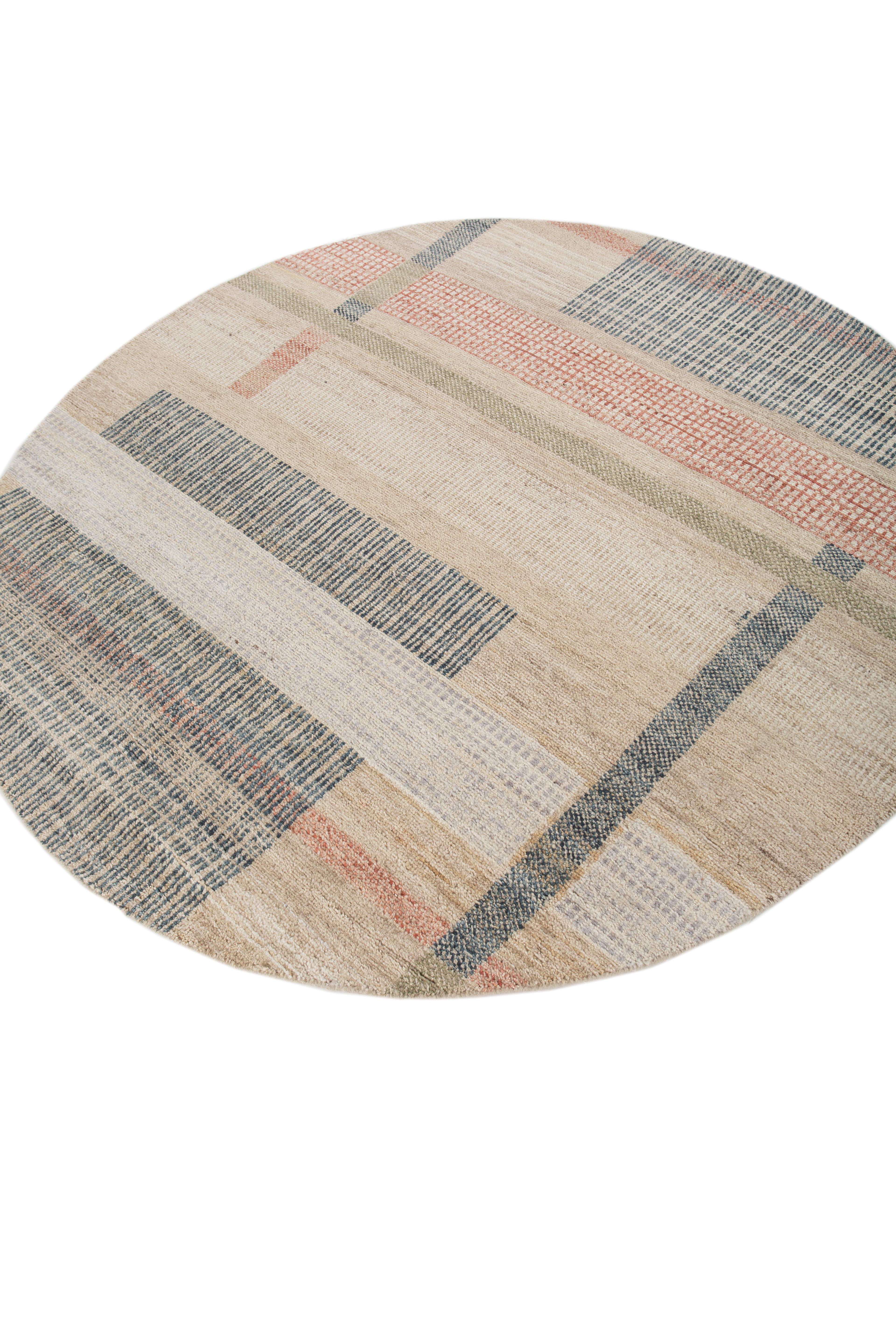 Indiano Jaipur Rugs 6X6 Piedi Tappeto annodato a mano in lana moderno beige e marrone in vendita