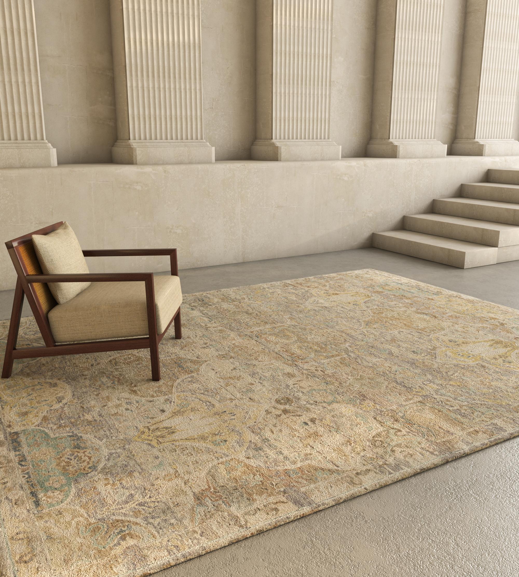 Immerse yourself in the timeless charm of our hand-knotted rug, a seamless blend of wool and silk thoughtfully curated  exclusively for you. The medium taupe base, reminiscent of earthy hues, effortlessly complements a dark ivory border, creating an