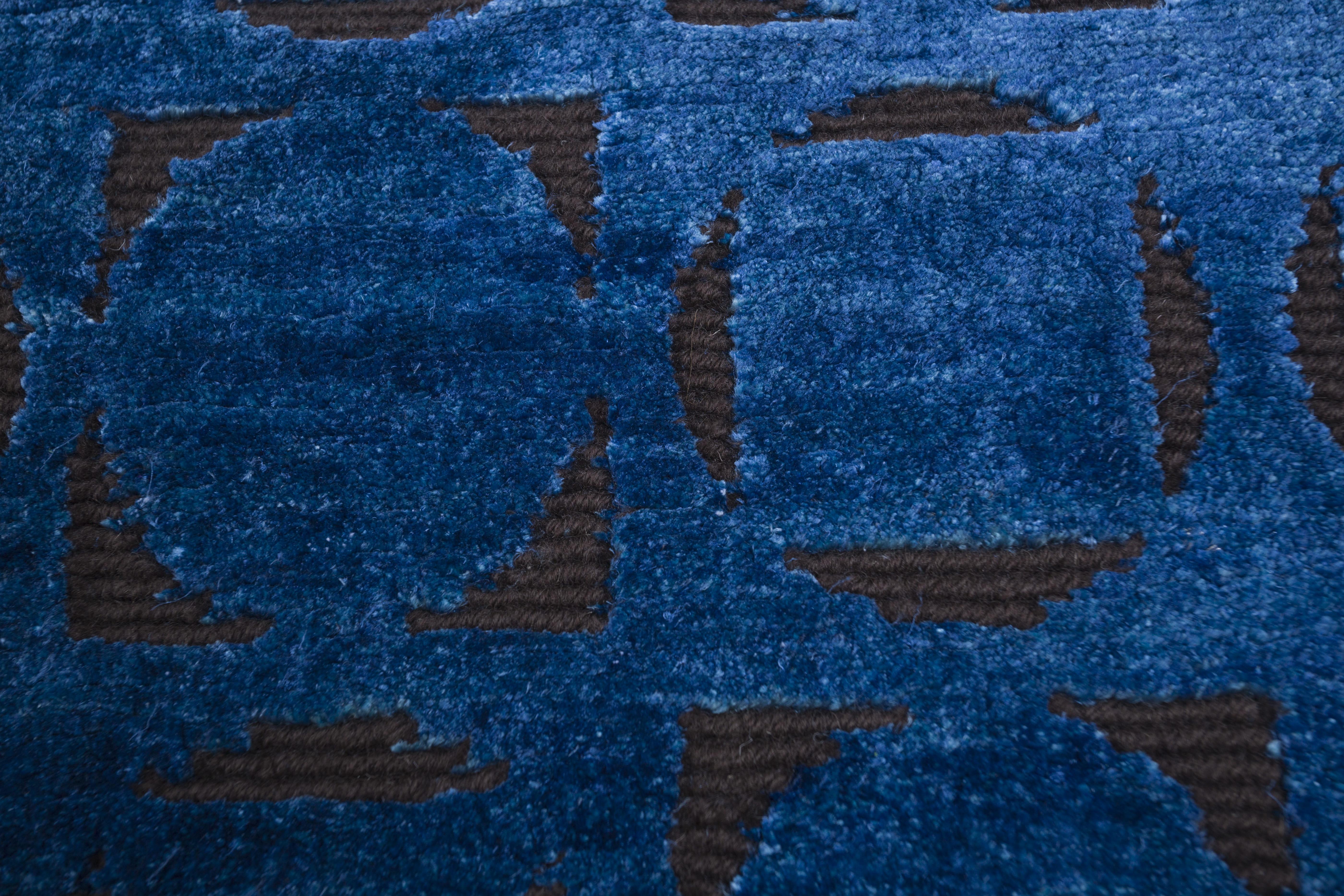 Jaipur Rugs 6x9 Feet Hand geknüpft Teppich Wolle und Seide modern Blau Teppich (Moderne) im Angebot