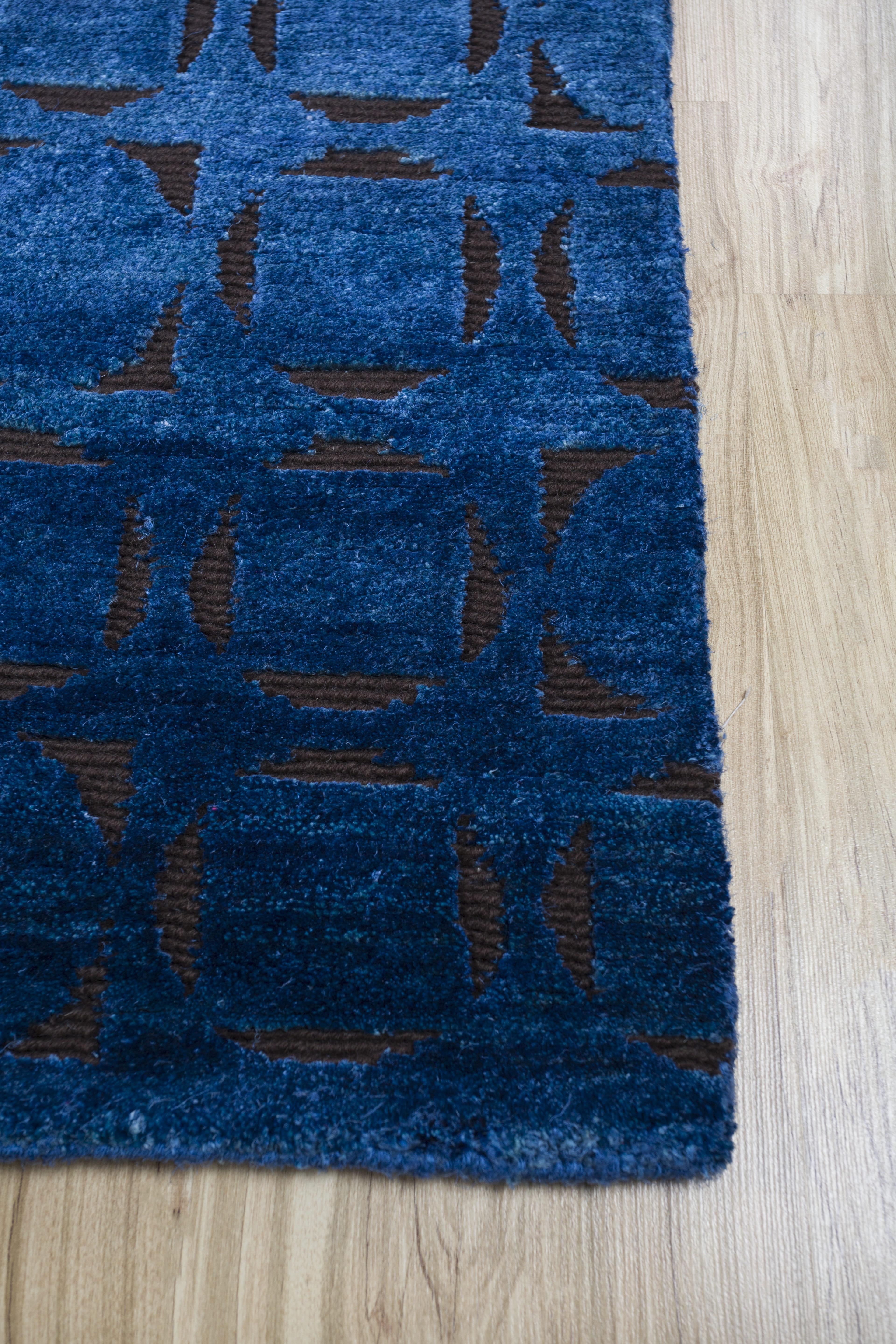 Jaipur Rugs 6x9 Feet Hand geknüpft Teppich Wolle und Seide modern Blau Teppich (Indisch) im Angebot