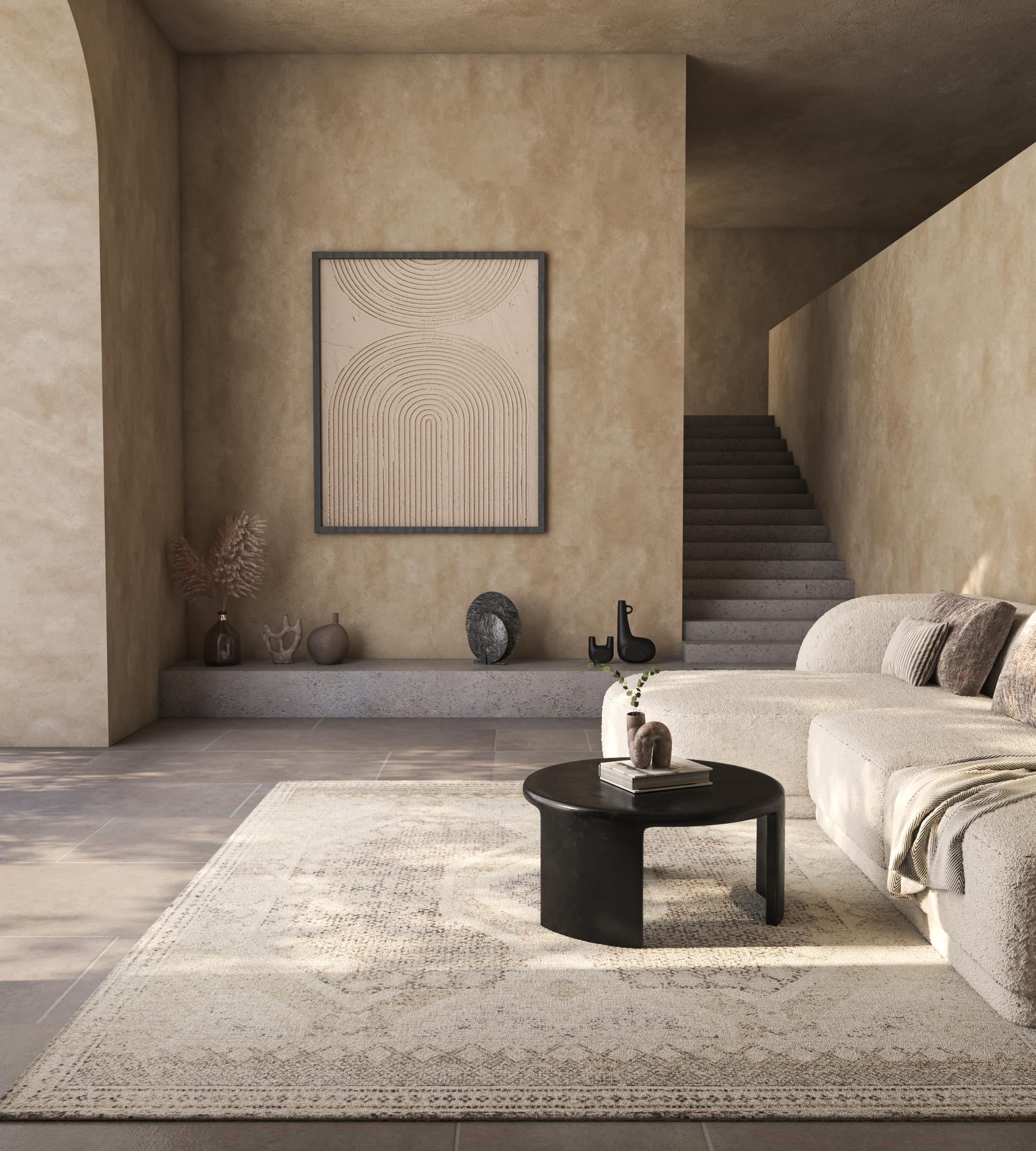 Introducing a masterpiece in craftsmanship – the Hand-Knotted Rug . Crafted from luxurious wool, this heirloom-worthy rug boasts a soft tan ground color that blends with a matching border. Drawing inspiration from primitive art and diverse global