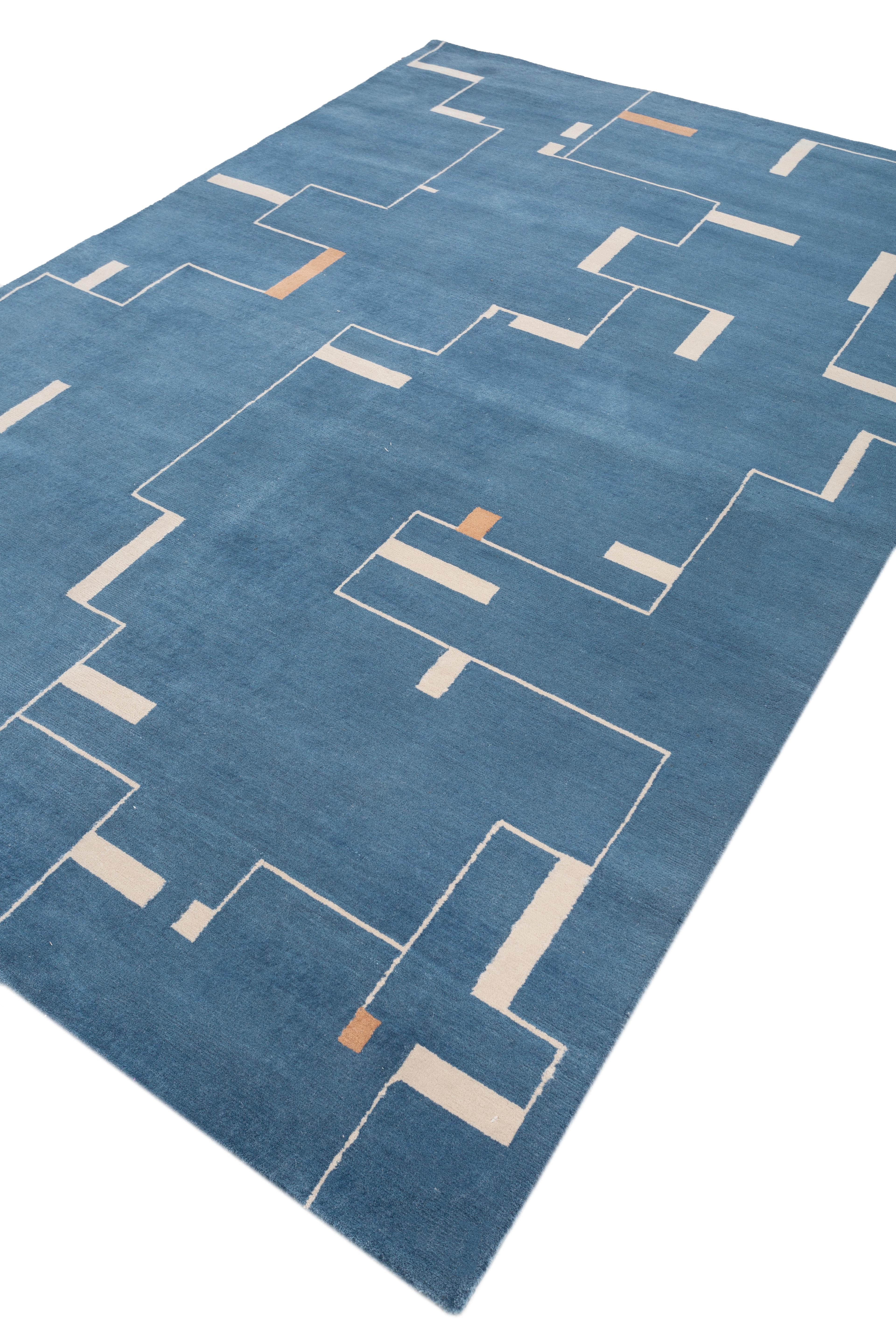 Indien Jaipur Rugs Tapis 6x9 pieds noués à la main Tapis en laine moderne bleu en vente