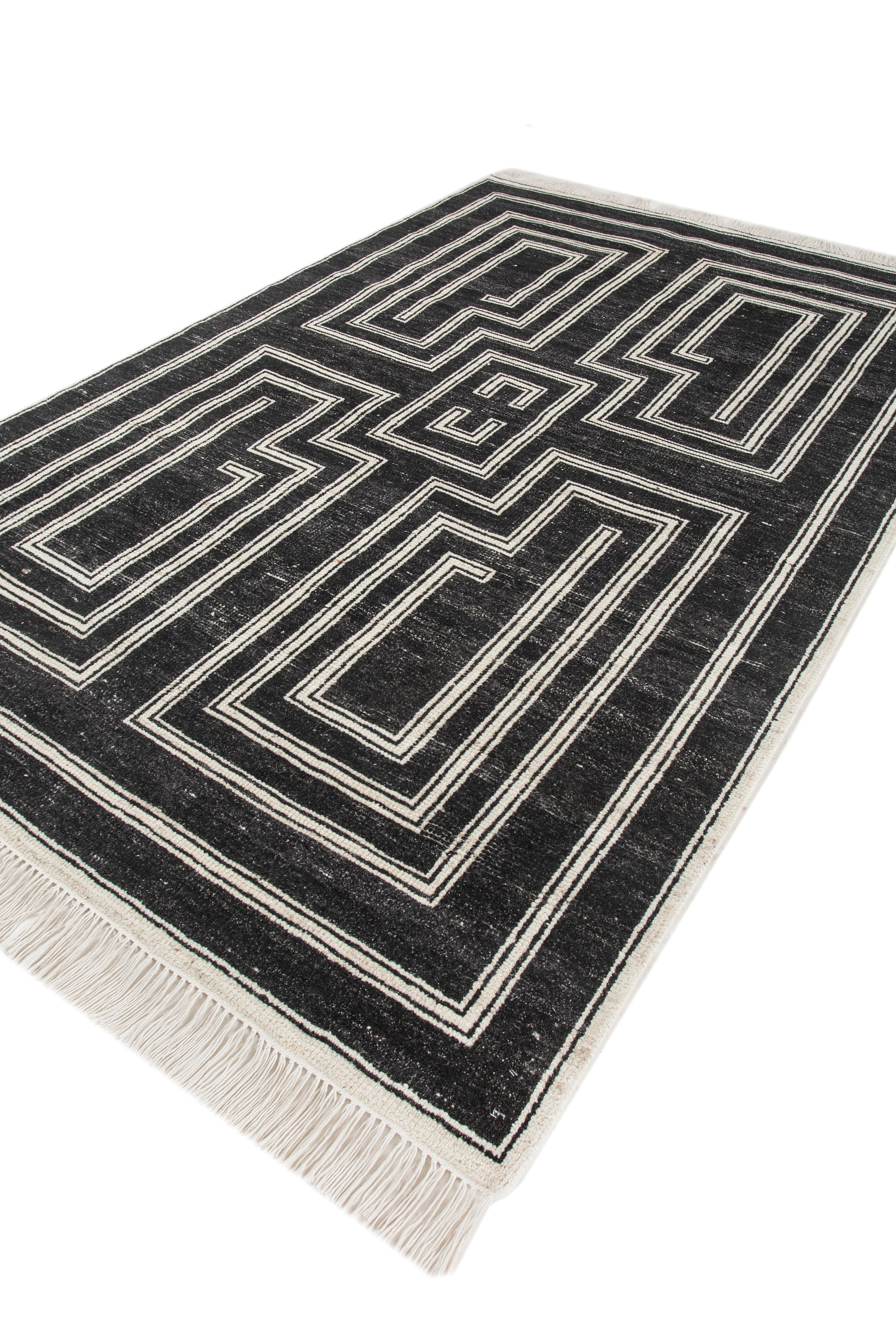 Indiano Jaipur Rugs 6x9 Piedi Tappeto annodato a mano in lana moderno grigio e nero in vendita
