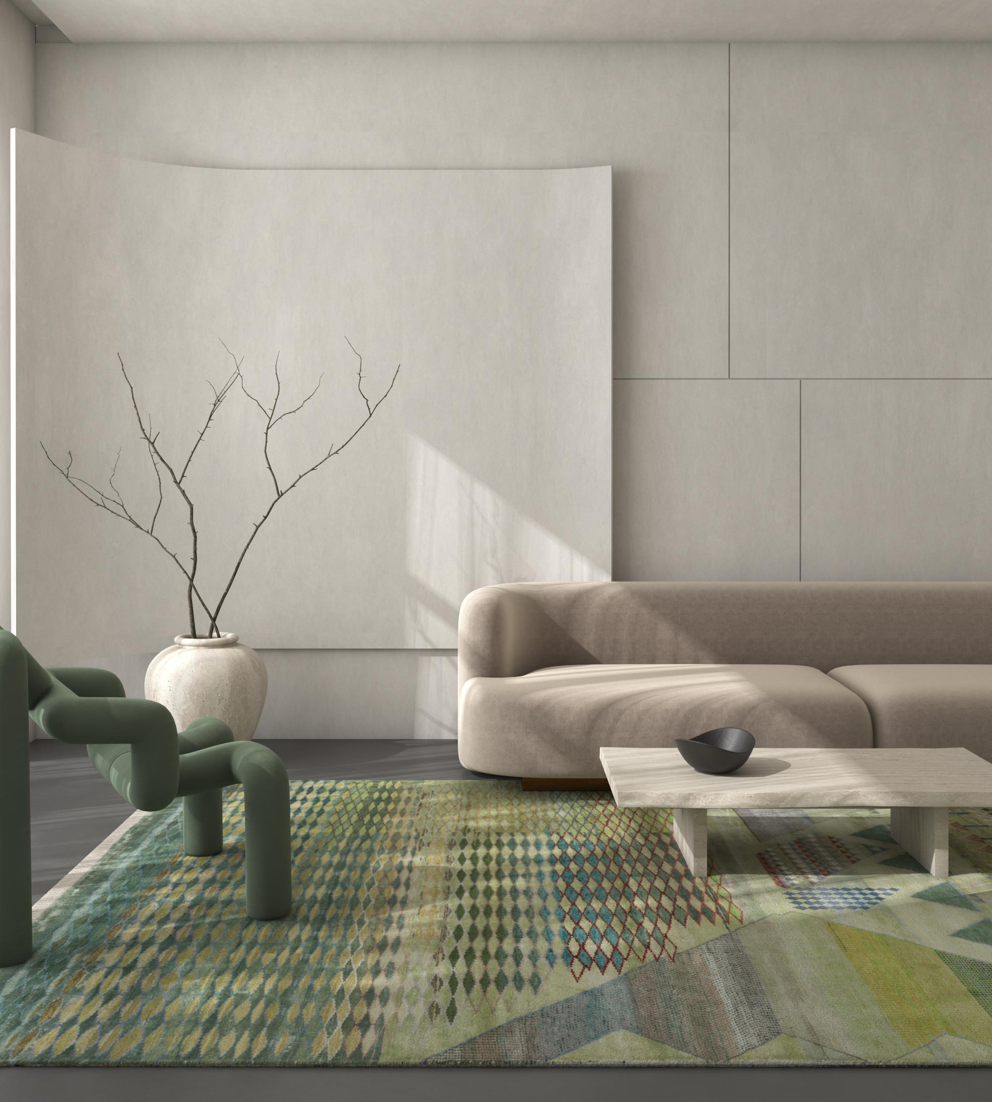 <b>Rangon ki Kheti</b></br>Als Vinod Garnschattierungen in seiner grünen Lieblingsfarbe erhielt, war er begeistert und beschloss, Erinnerungen an die Bauernhöfe, auf denen er früher gearbeitet hatte, in seinen Teppich einzuweben. Zunächst