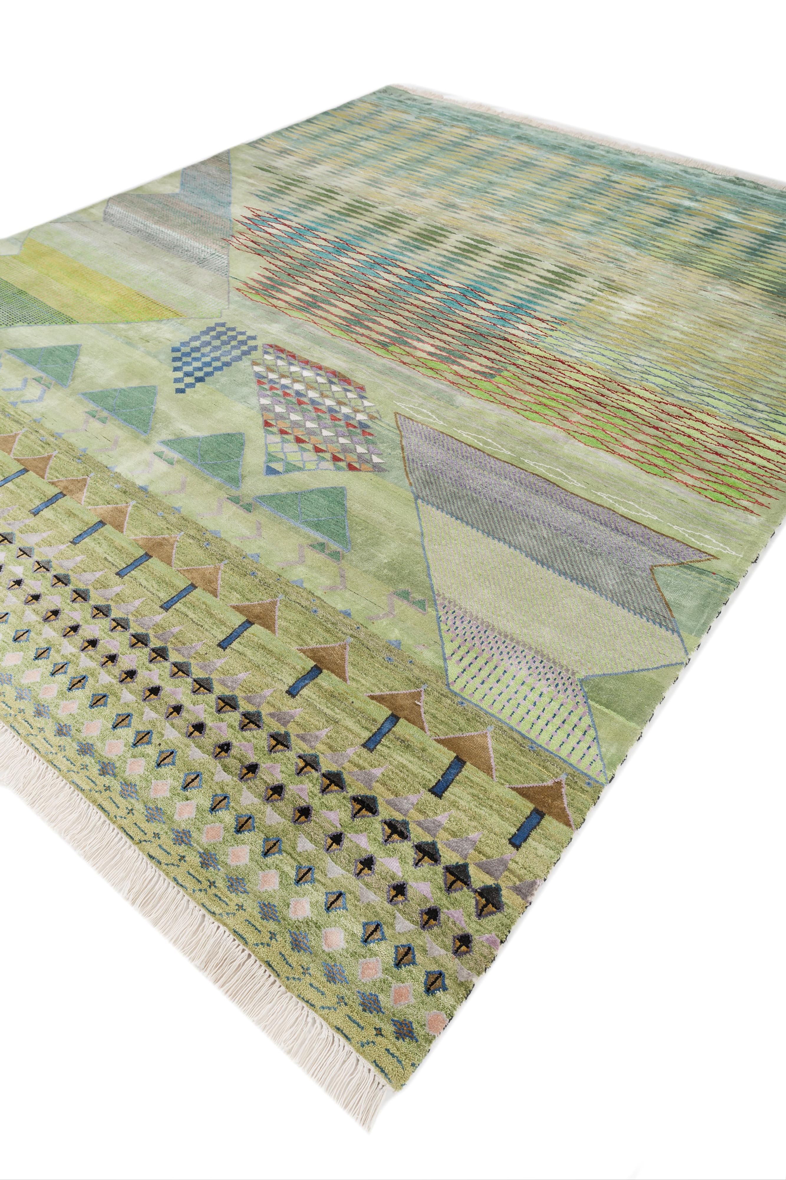 Indiano Tappeto Jaipur Rugs 8x10 Piedi annodato a mano in lana e seta di bambù Verde Tappeto moderno in vendita