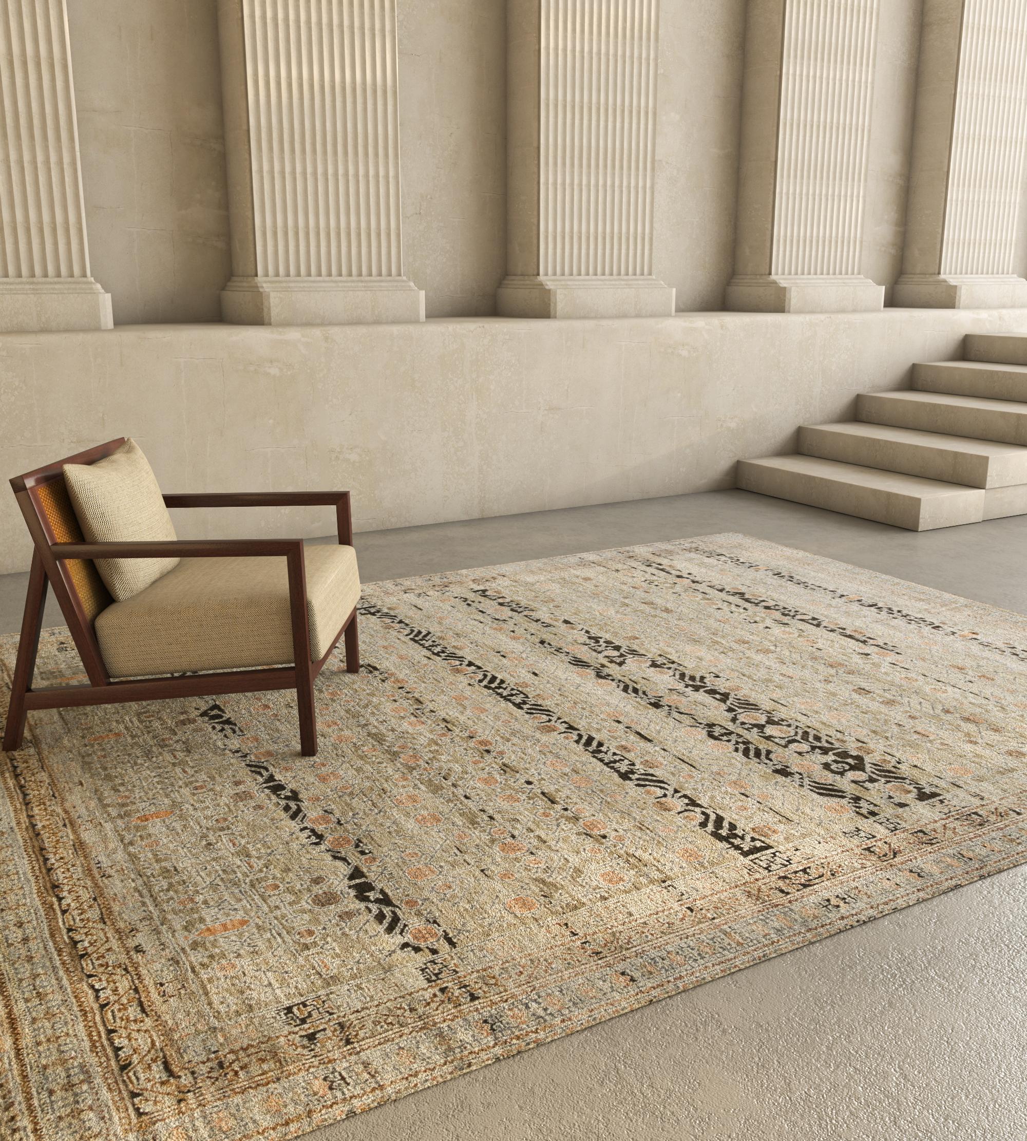 Elevate your living space with our hand-knotted rug, a seamless blend of wool and silk. The earthy tones of clay and cloud white border create an inviting canvas adorned with ornate designs. Immerse yourself in the intricate patterns, transcending