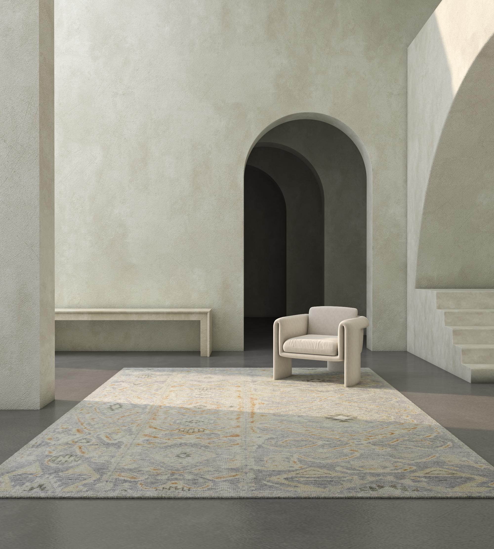 Embark on a journey through cultures with us, Transitional Hand-Knotted Rug, a tribute to primitive art worldwide. Meticulously crafted by the most skilled artisans, this masterpiece boasts timeless Persian motifs and oriental patterns,