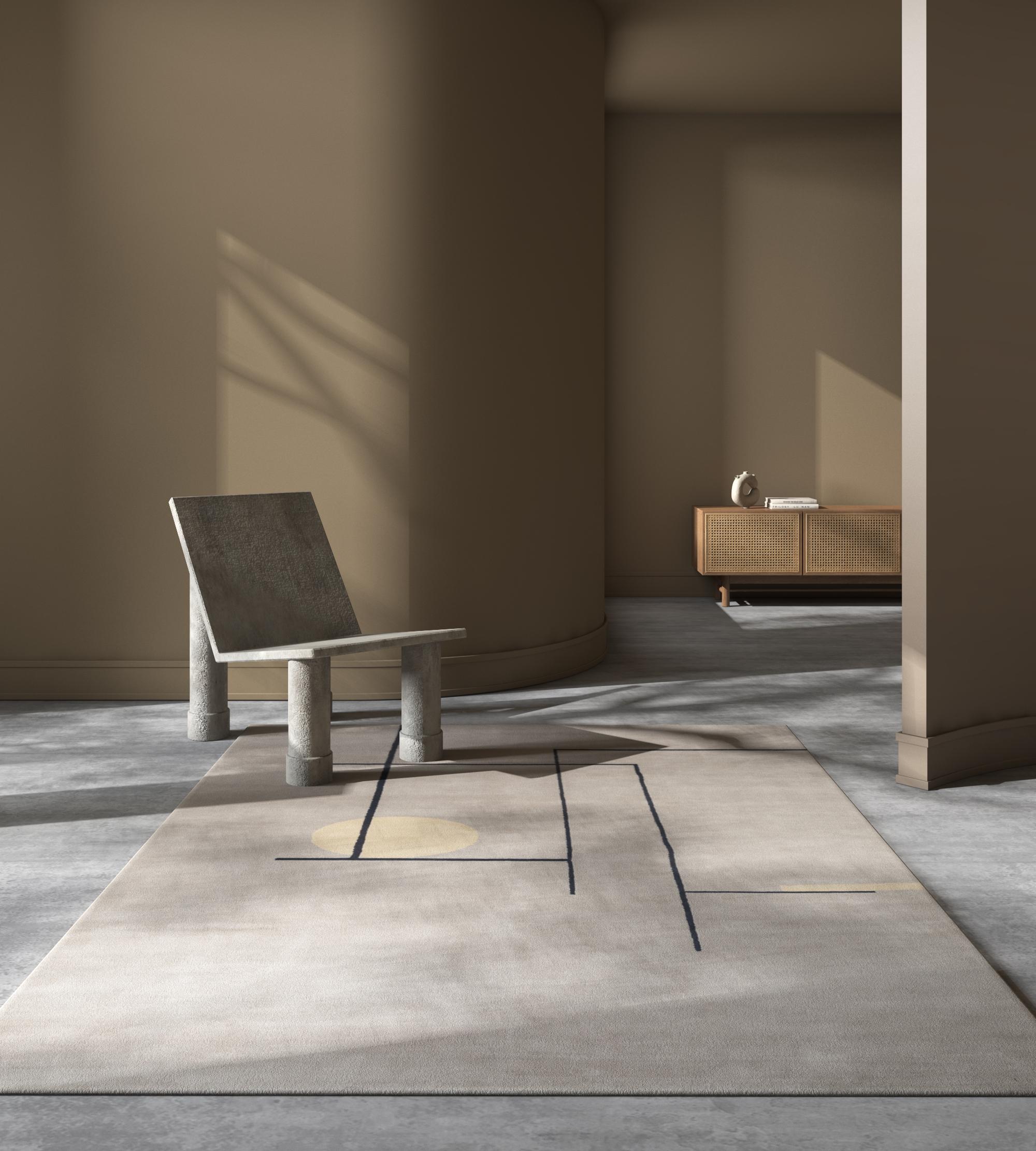 Immagina l'eleganza: rettangoli eleganti e slanciati coesistono armoniosamente con cerchi graziosi e perfetti, il tutto unito da linee artistiche e minimaliste. Non è solo un tappeto annodato a mano: è un complemento perfetto che dona un senso di