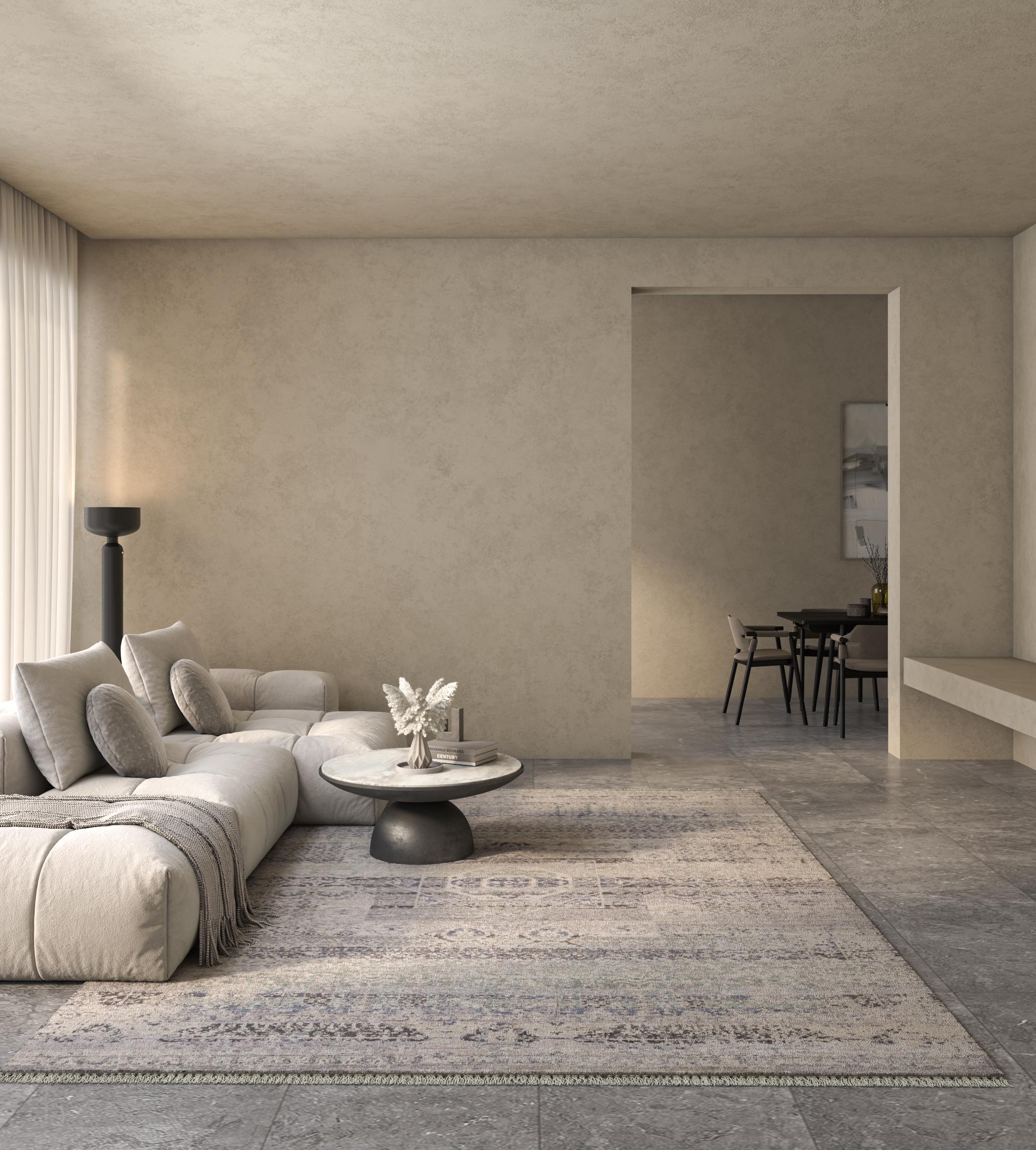 Begeben Sie sich auf eine Reise durch die Zeit mit diesem handgeknüpften Übergangsteppich, der im ländlichen Indien sorgfältig hergestellt wurde. Der weiße Grund und die Leinenbordüre verschmelzen nahtlos mit dem modernen Lifestyle und lassen mit