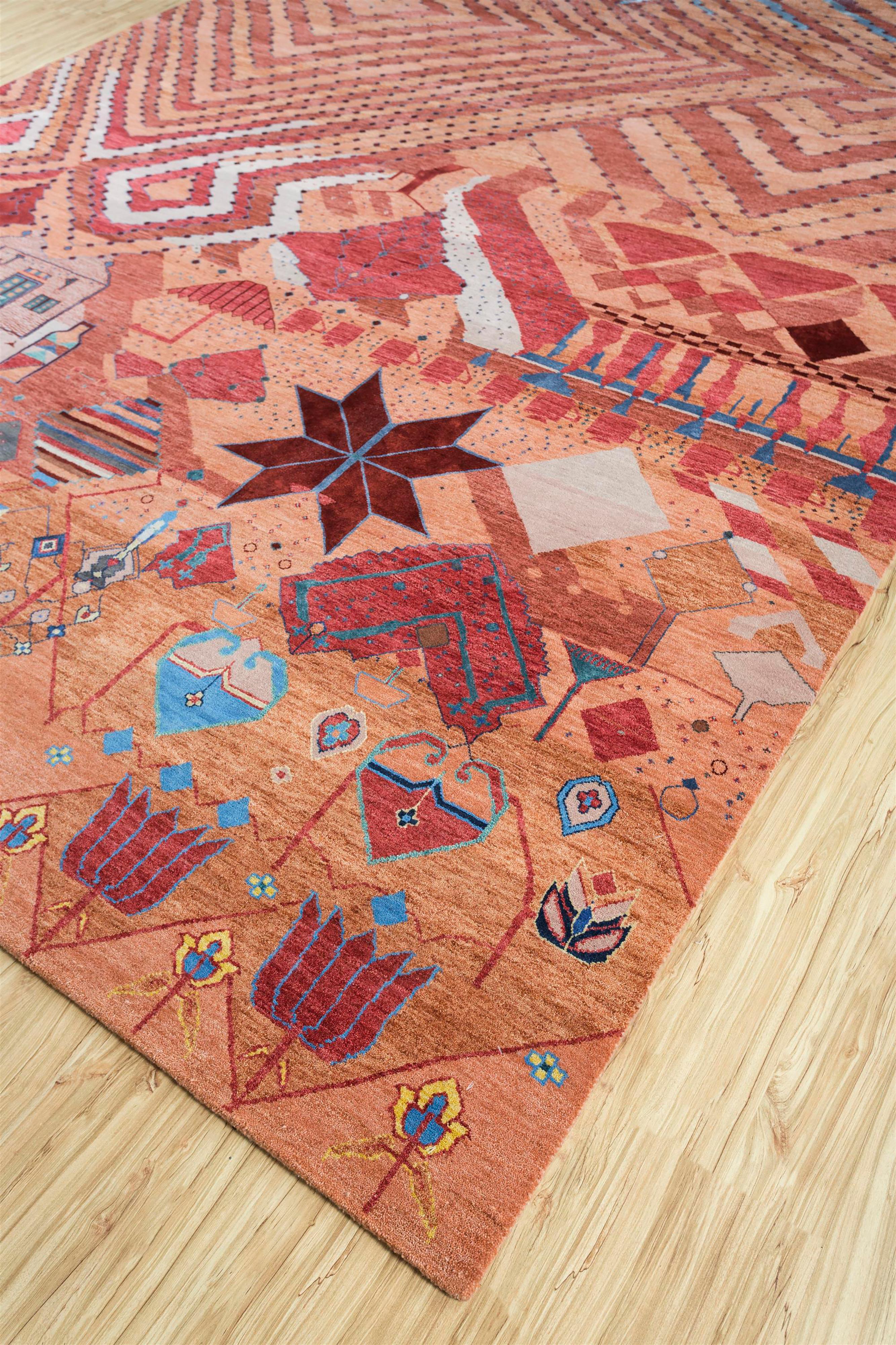Indiano Tappeto Jaipur Rugs 9x12 piedi annodato a mano in lana e seta di bambù rosso e arancione in vendita