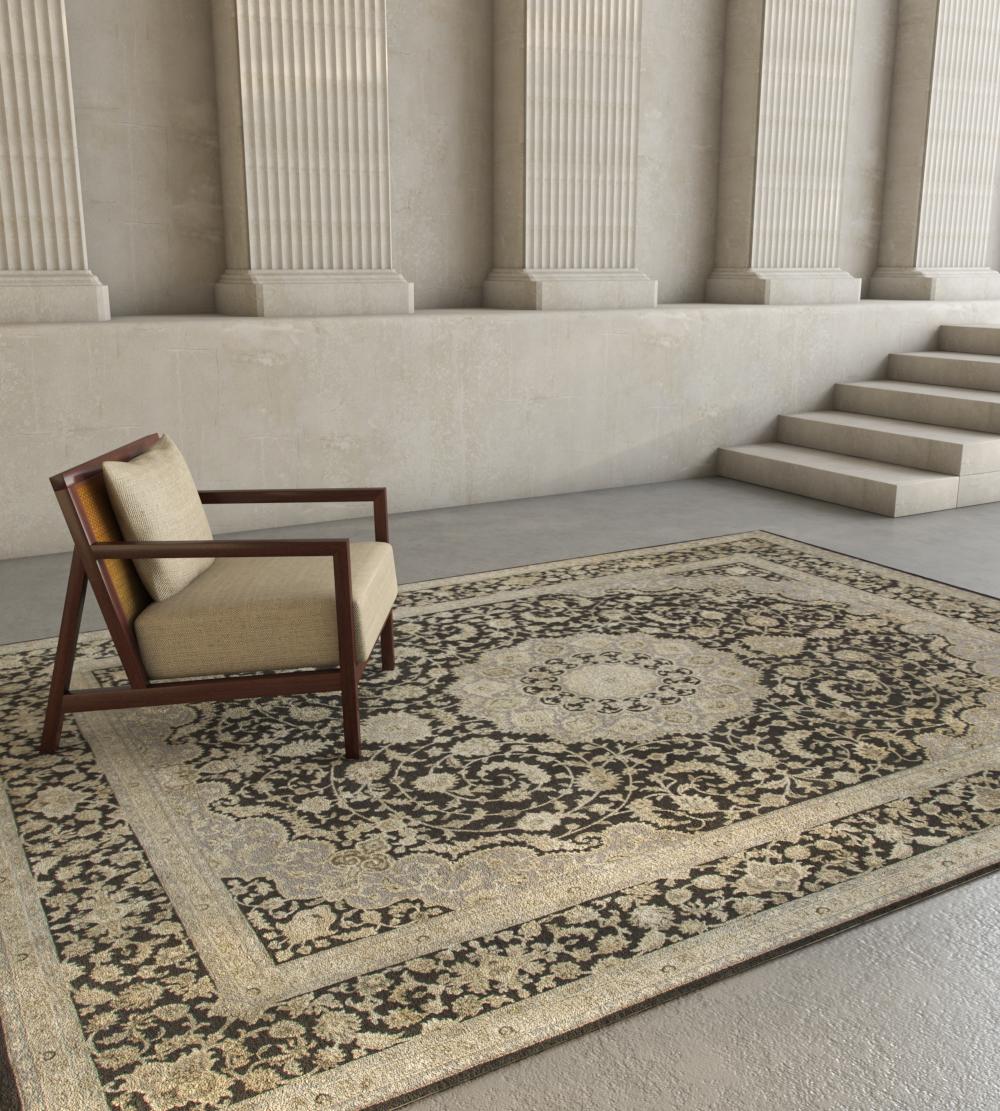 Hand-knotted out of wool and silk, the timeless rugs from the Aurora collection feature traditional oriental motifs, patterns, and designs. These rugs with floral motifs in traditional border design, as found in oriental carpets, preserve the design