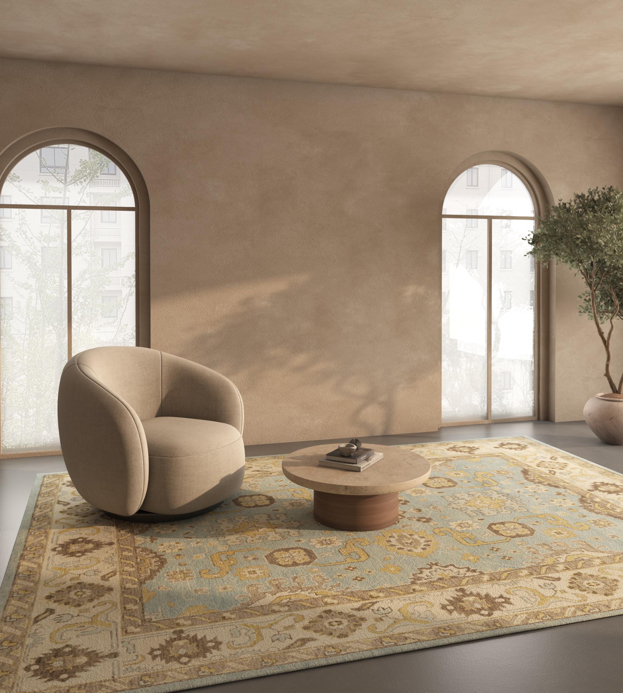 Understated arabesque foliage interlace with dainty floral motifs in Cyanna - our transitional collection of hand-knotted wool and muted silk that takes you on a journey of curlicues, sacred geometry, and linear rhythms. Embrace a color palette that