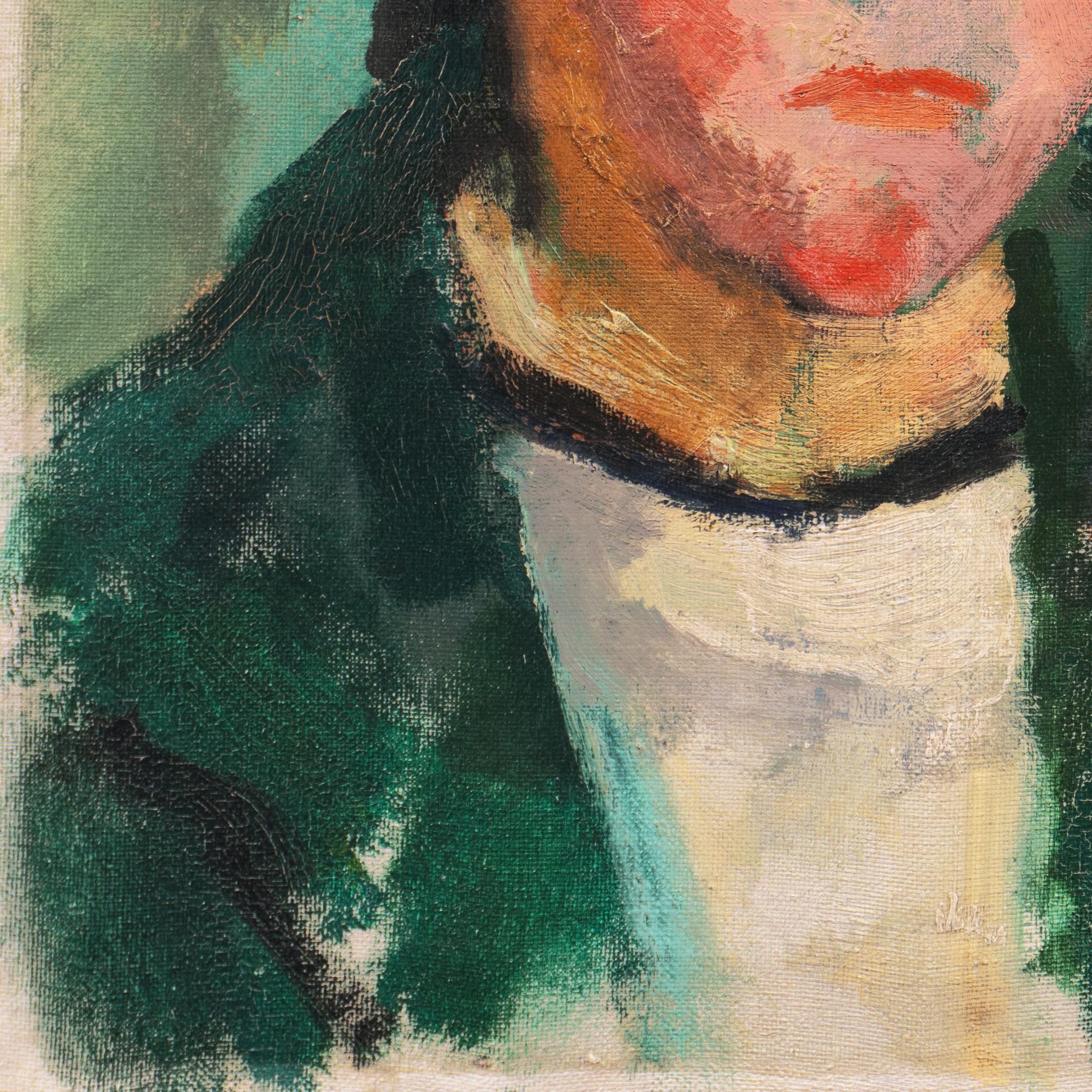 A vibrant, early 20th century oil study of a young Breton girl shown regarding the viewer with a stern and penetrating gaze.

Signed lower right 'Jais' for Jais Nielsen (Danish, 1885-1961), dated 1911 and titled 'Bretagne' (Brittany). Additionally