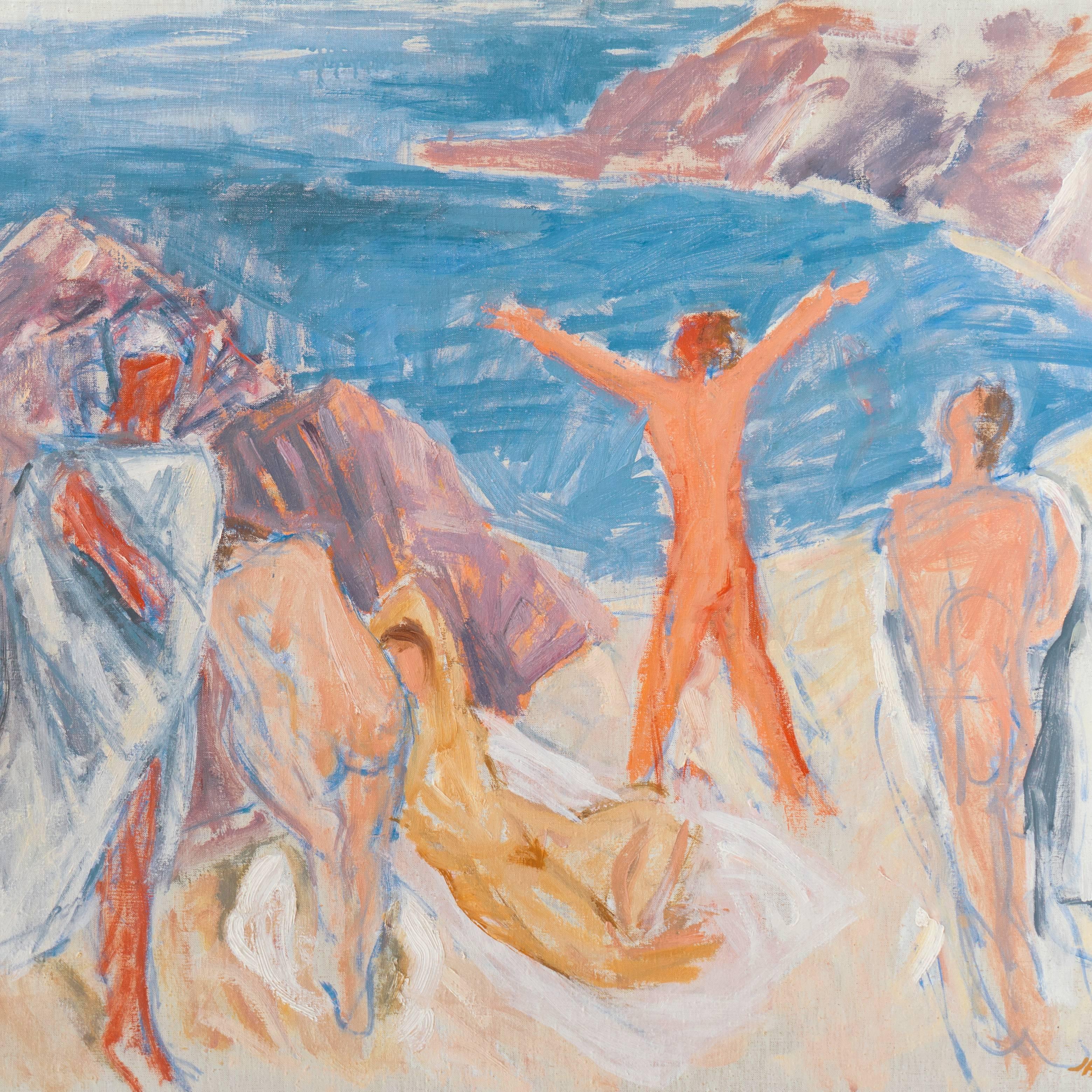  'Figures on a Beach', Large Post-Impressionist oil, Paris, Salon d’Automne - Gray Landscape Painting by Jais Nielsen