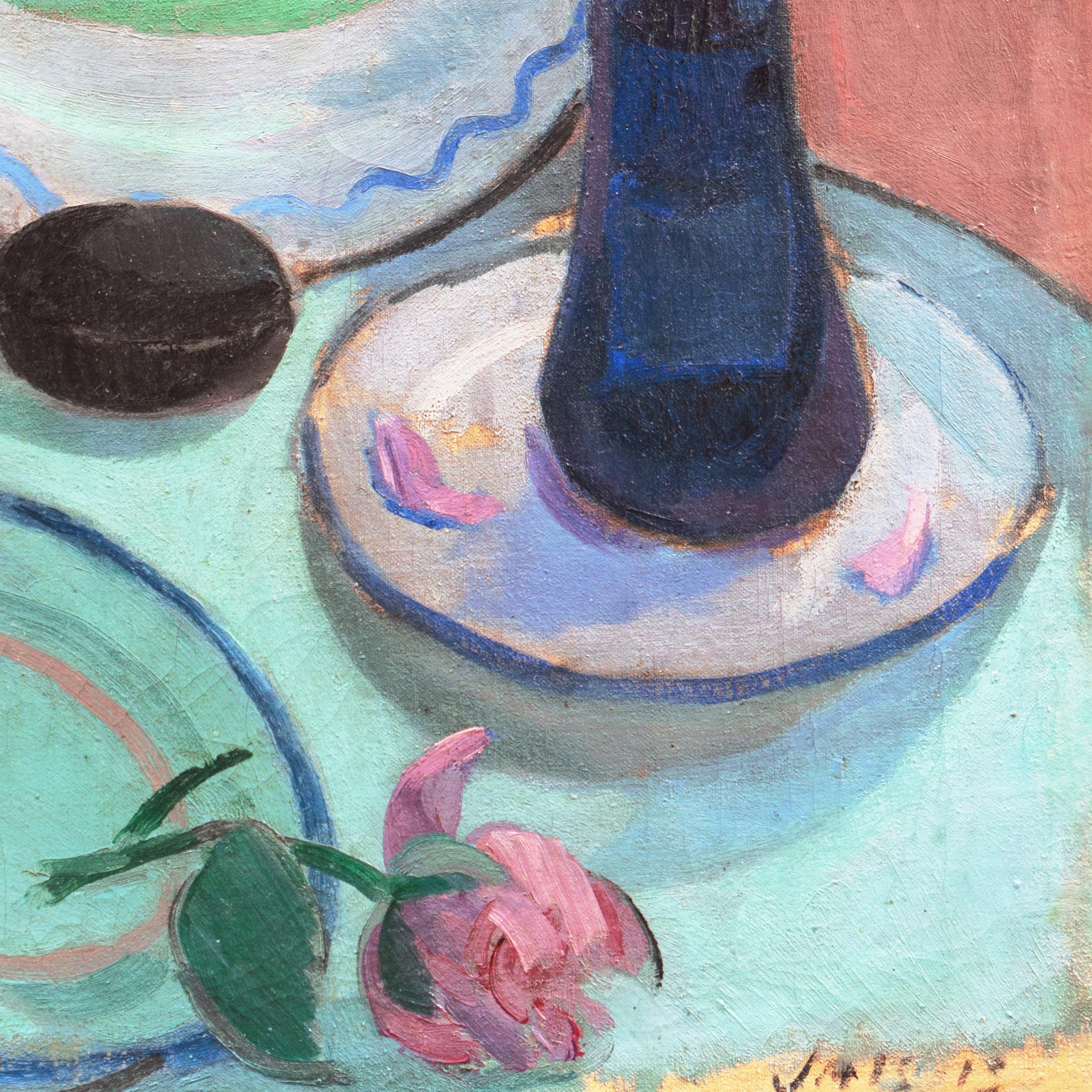 'Roses with a Quimper Plate', Paris, Salon d’Automne, Fauve, Section d'Or - Post-Impressionist Painting by Jais Nielsen
