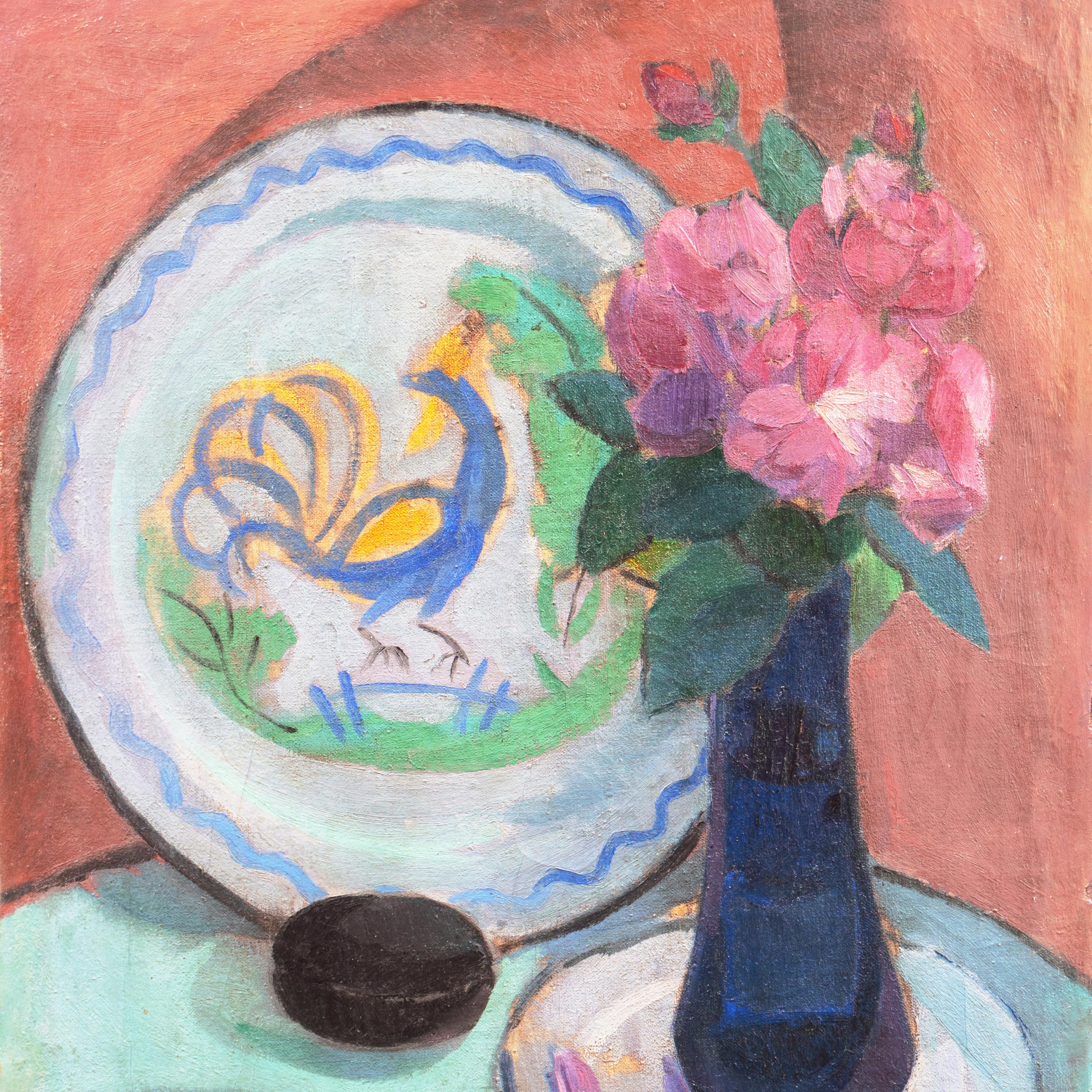 'Roses with a Quimper Plate', Paris, Salon d’Automne, Fauve, Section d'Or - Gray Still-Life Painting by Jais Nielsen