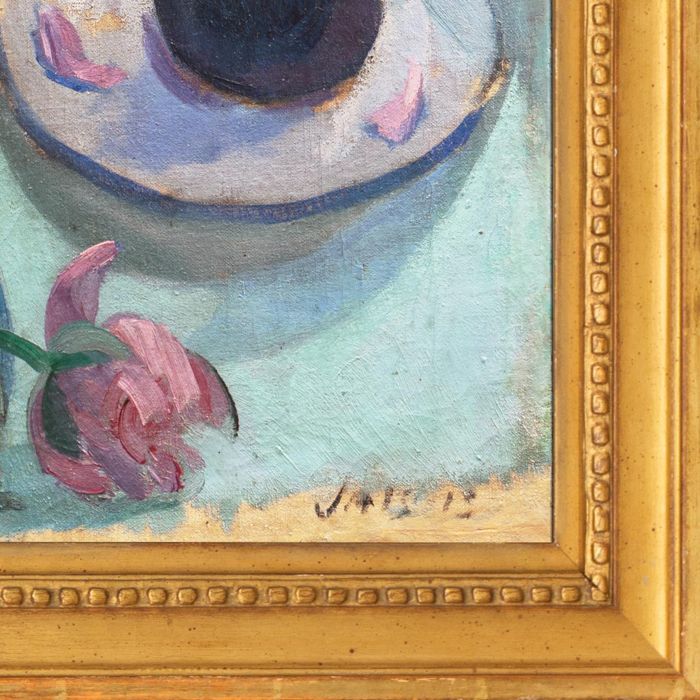'Pink Roses with a Quimper Plate', Danish Post-Impressionist Still Life, Paris (Post-Impressionismus), Painting, von Jais Nielsen