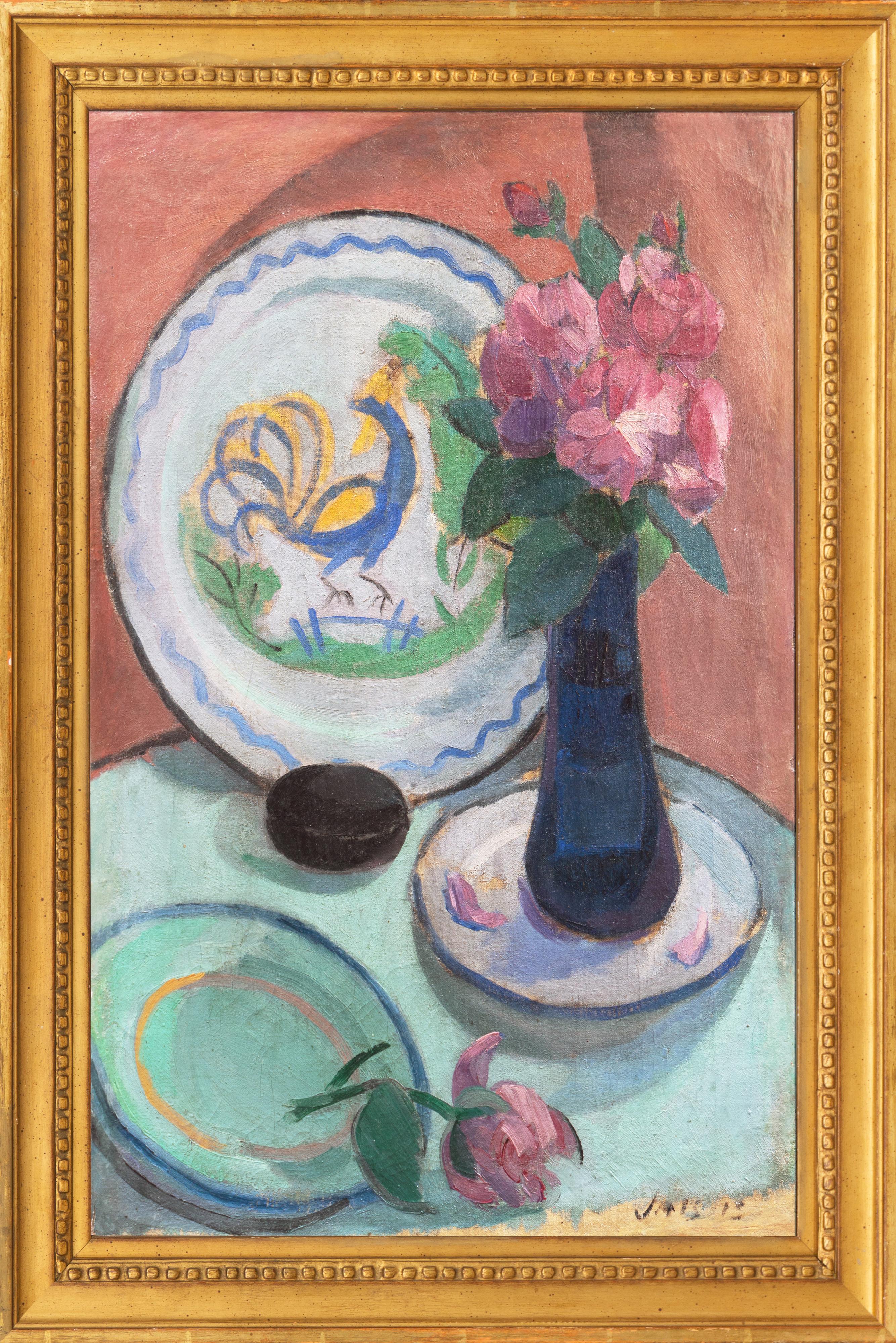 'Pink Roses with a Quimper Plate', Danish Post-Impressionist Still Life, Paris - Painting by Jais Nielsen