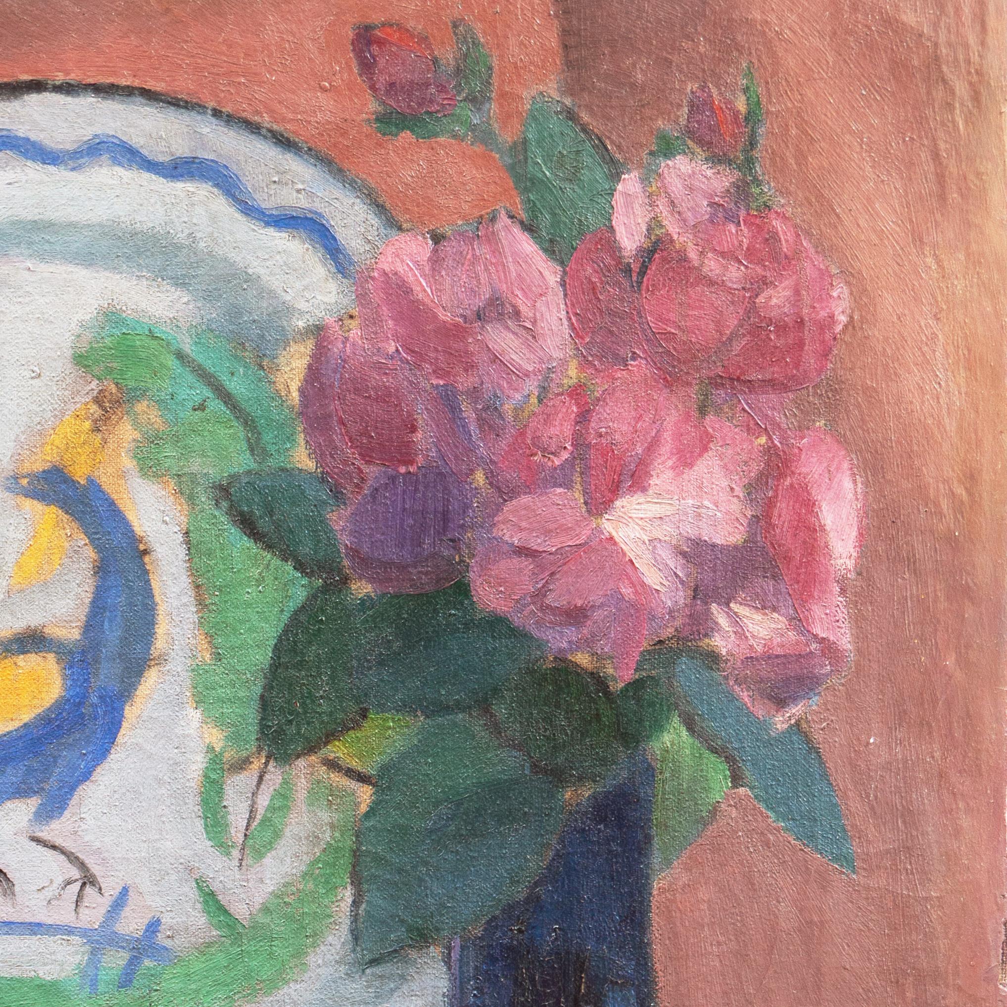 'Pink Roses with a Quimper Plate', Danish Post-Impressionist Still Life, Paris 5