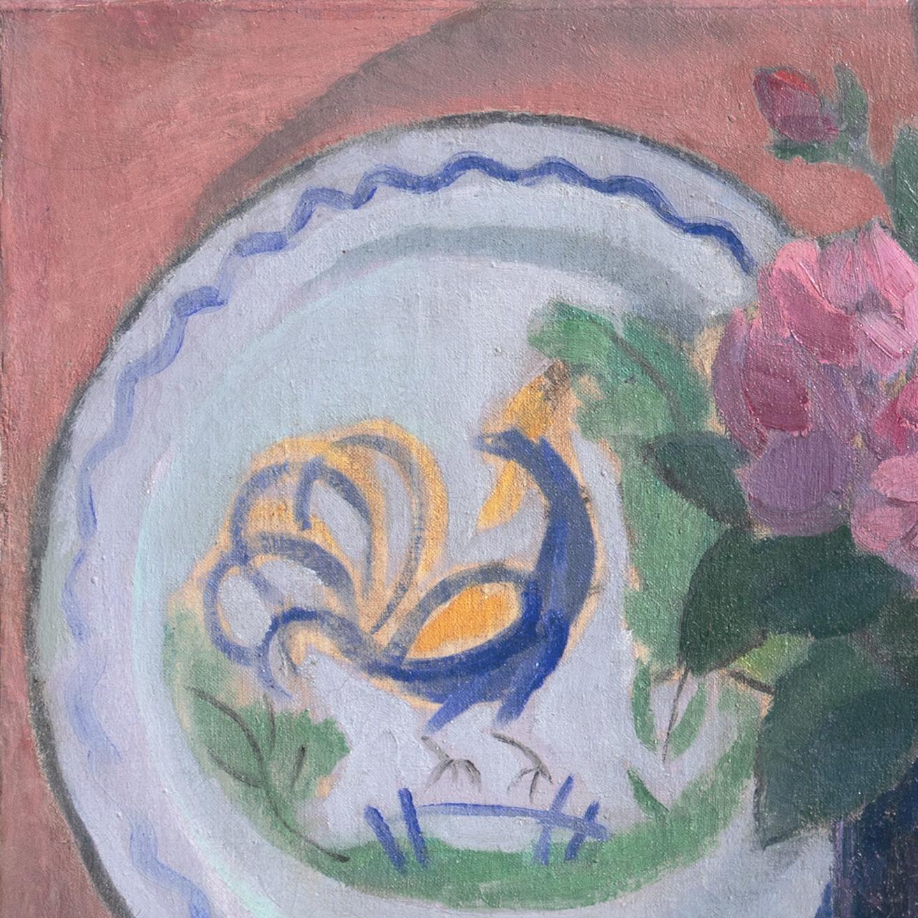 Signed lower right 'Jais' for Jais Nielsen (Danish, 1885-1961) and dated 1913. 

A lyrical, early twentieth-century still-life of pink dog-roses shown loosely arranged in a cobalt blue glass vase. Resting beside them stand two Breton, tin-glazed