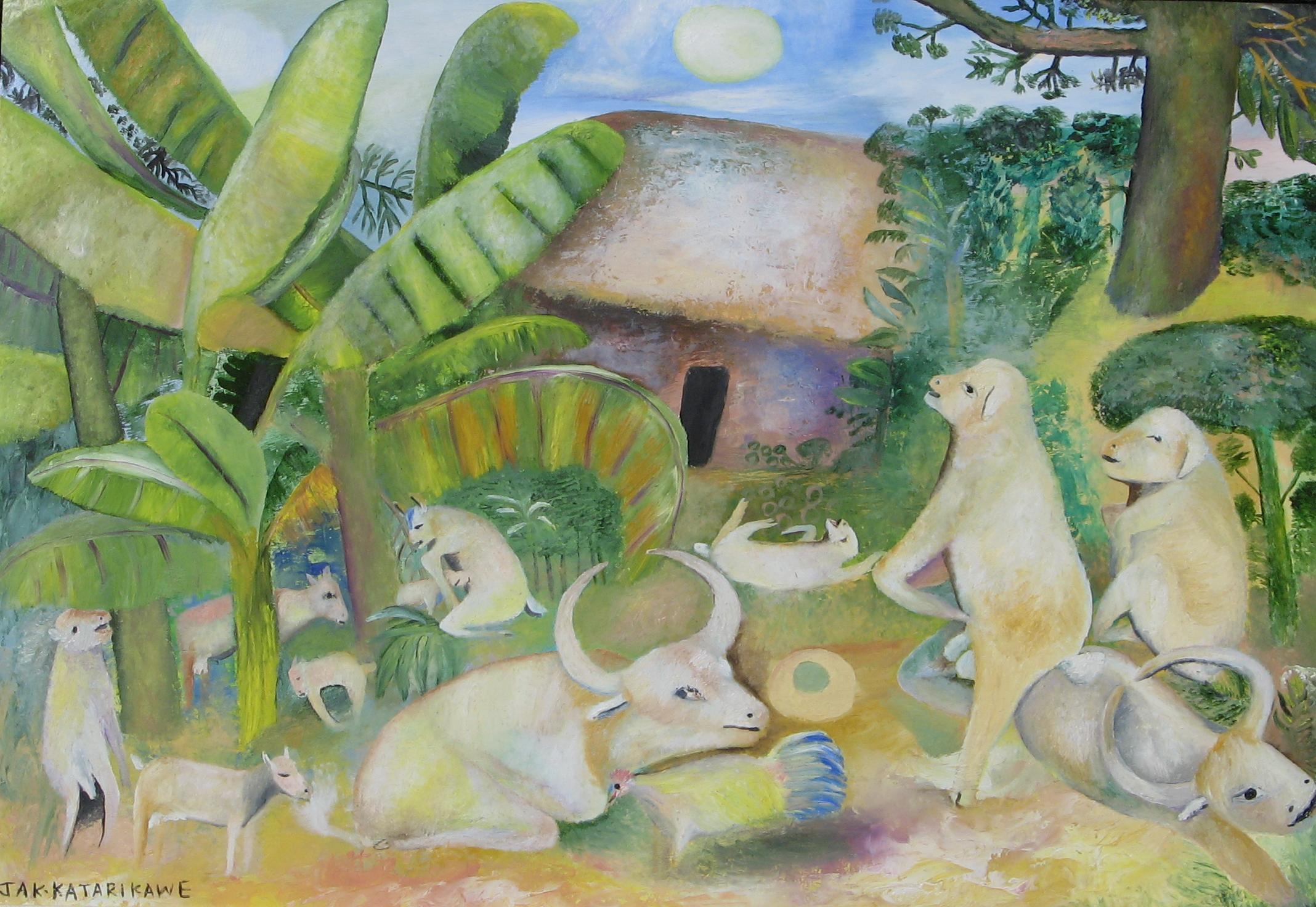 Jak Katarikawe Artista dell'Africa orientale, dipinto di capanna con luna e animali - Painting di Jak Moses Katarikawe