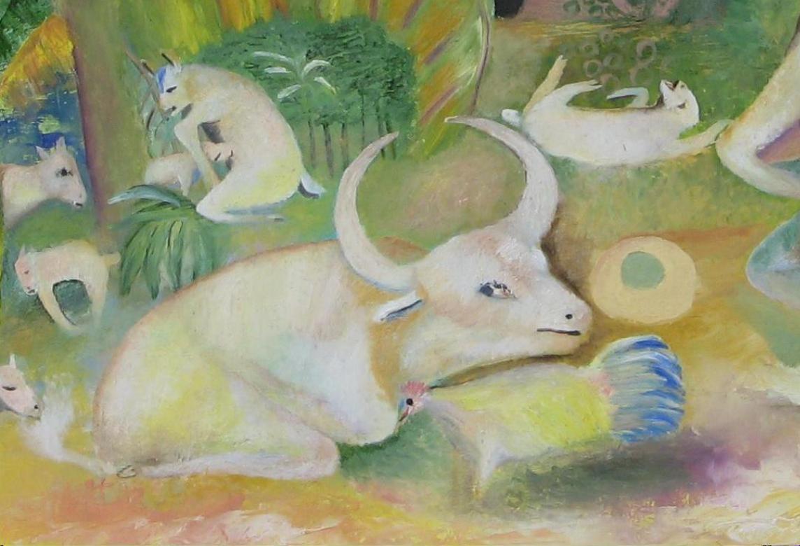 Bellissimo olio su tavola del noto pittore ugandese Jak Moses Katarikawe (nato nel 1940).
Senza titolo. Oggetto: Capanna e Animali con Luna. In ottime condizioni, incorniciato.
Il dipinto misura: 25