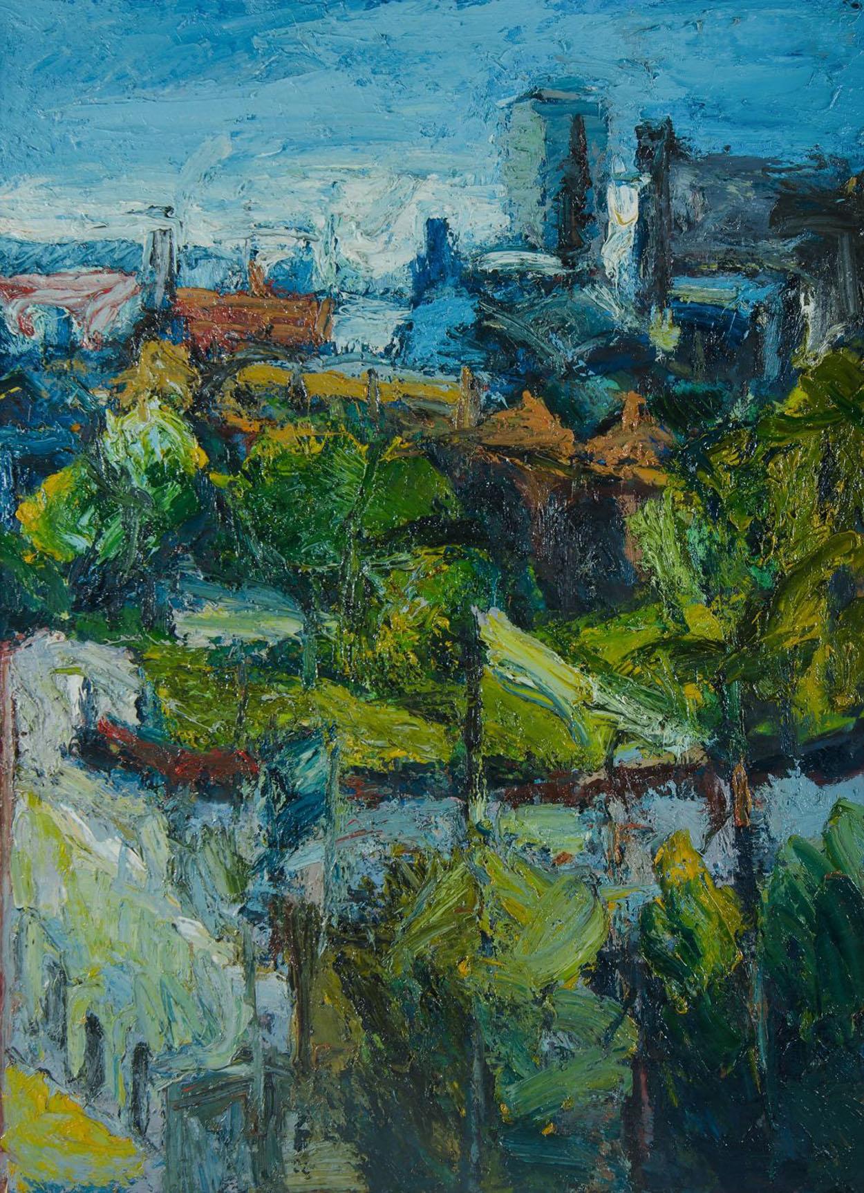 Jake Attree, (Born 1950) Yorkshire artist, view of leeds. Oil on canvas, signed and dated verso: J Attree, 1992
  
The subject is a view across the City of Leeds taken from the artists studio on Maris Street which has since been demolished to