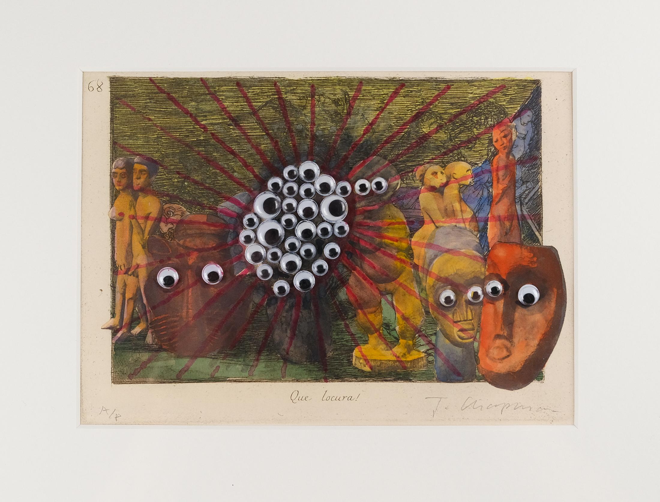 For sale, is a signed, unique, hand-watercolour print with 'googly eyes', titled 