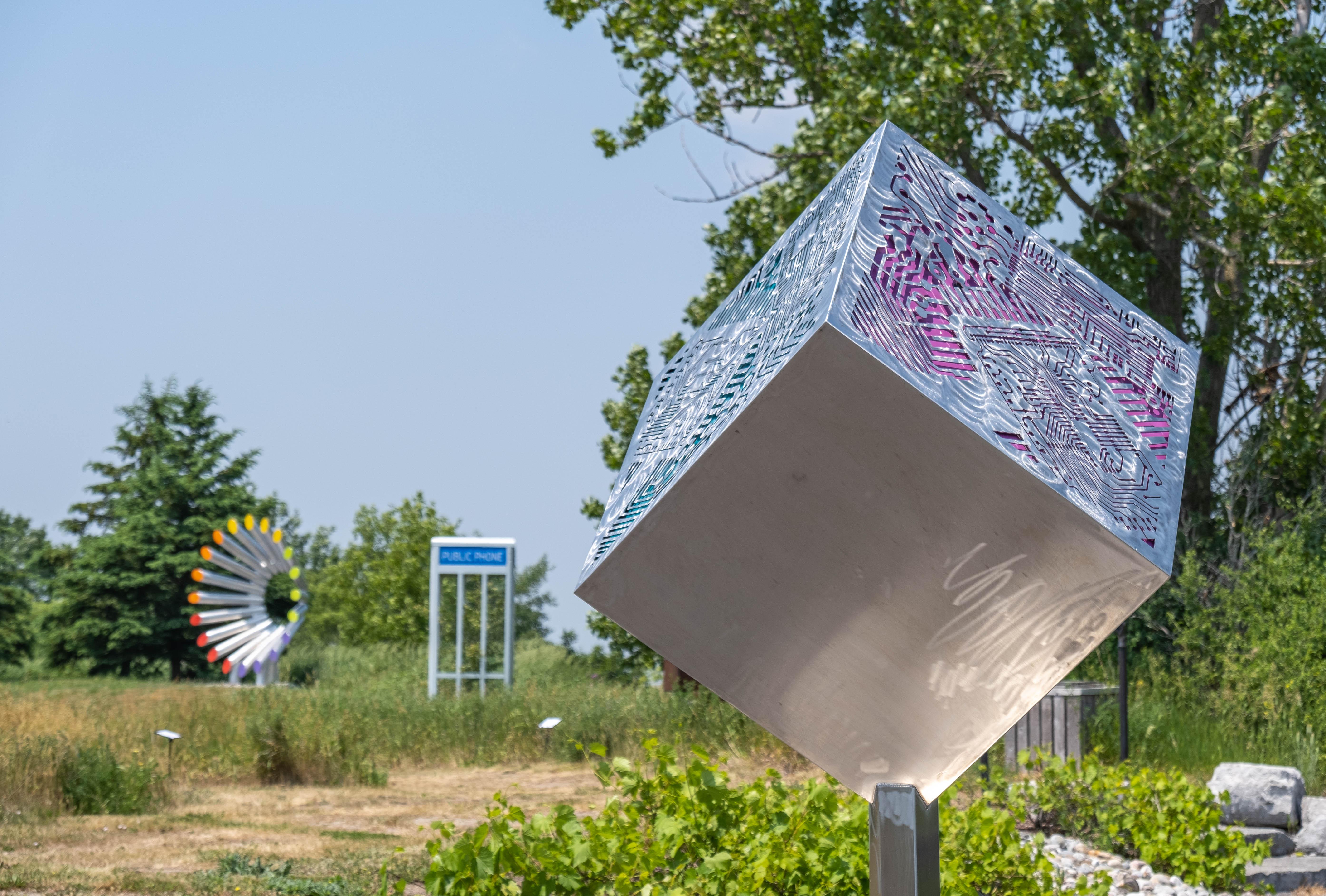 Platonic Solid Goes Digital - big outdoor steel sculpture. colorful motherboards For Sale 4