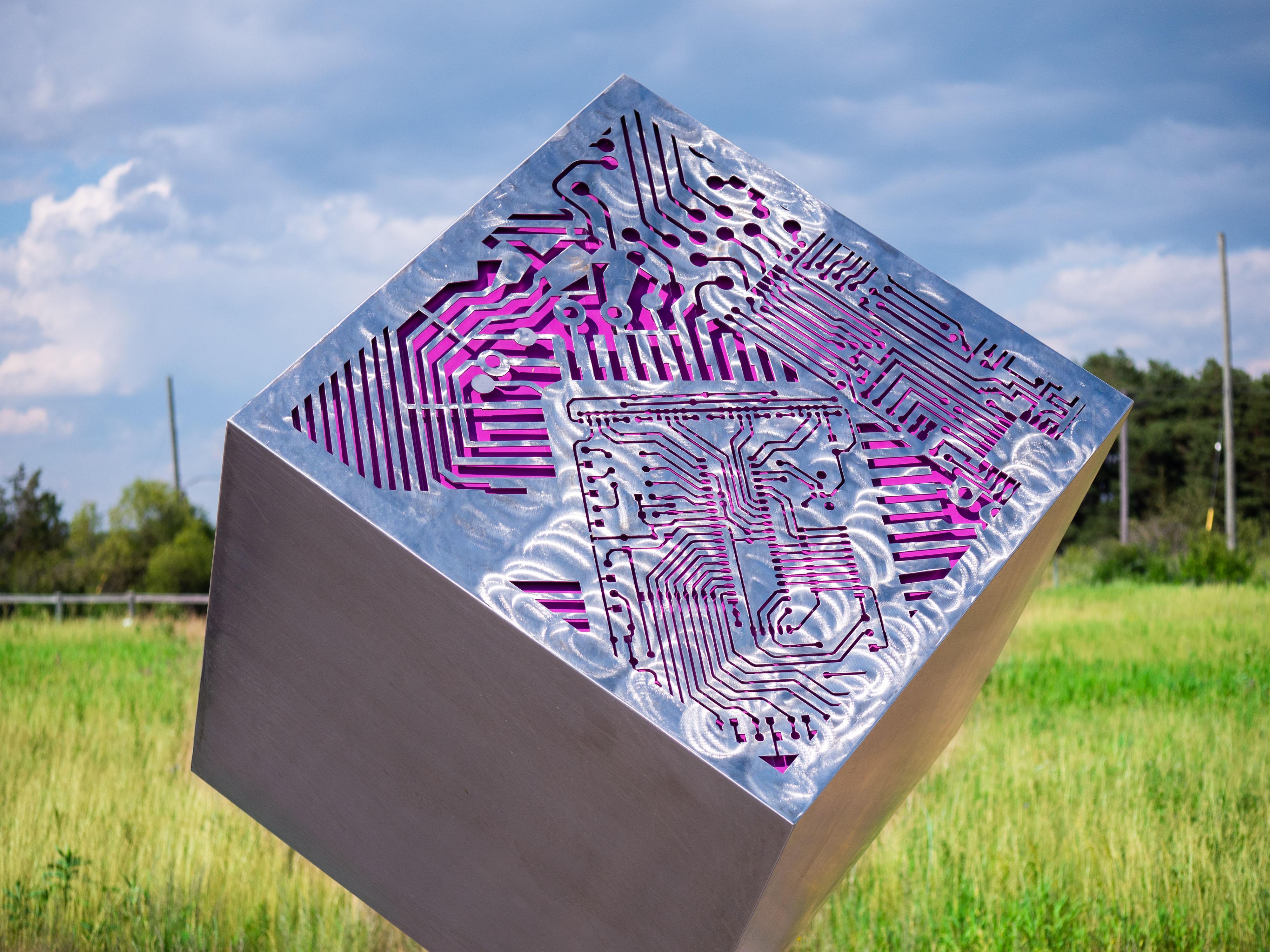 Platonic Solid Goes Digital - big outdoor steel sculpture. colorful motherboards For Sale 1