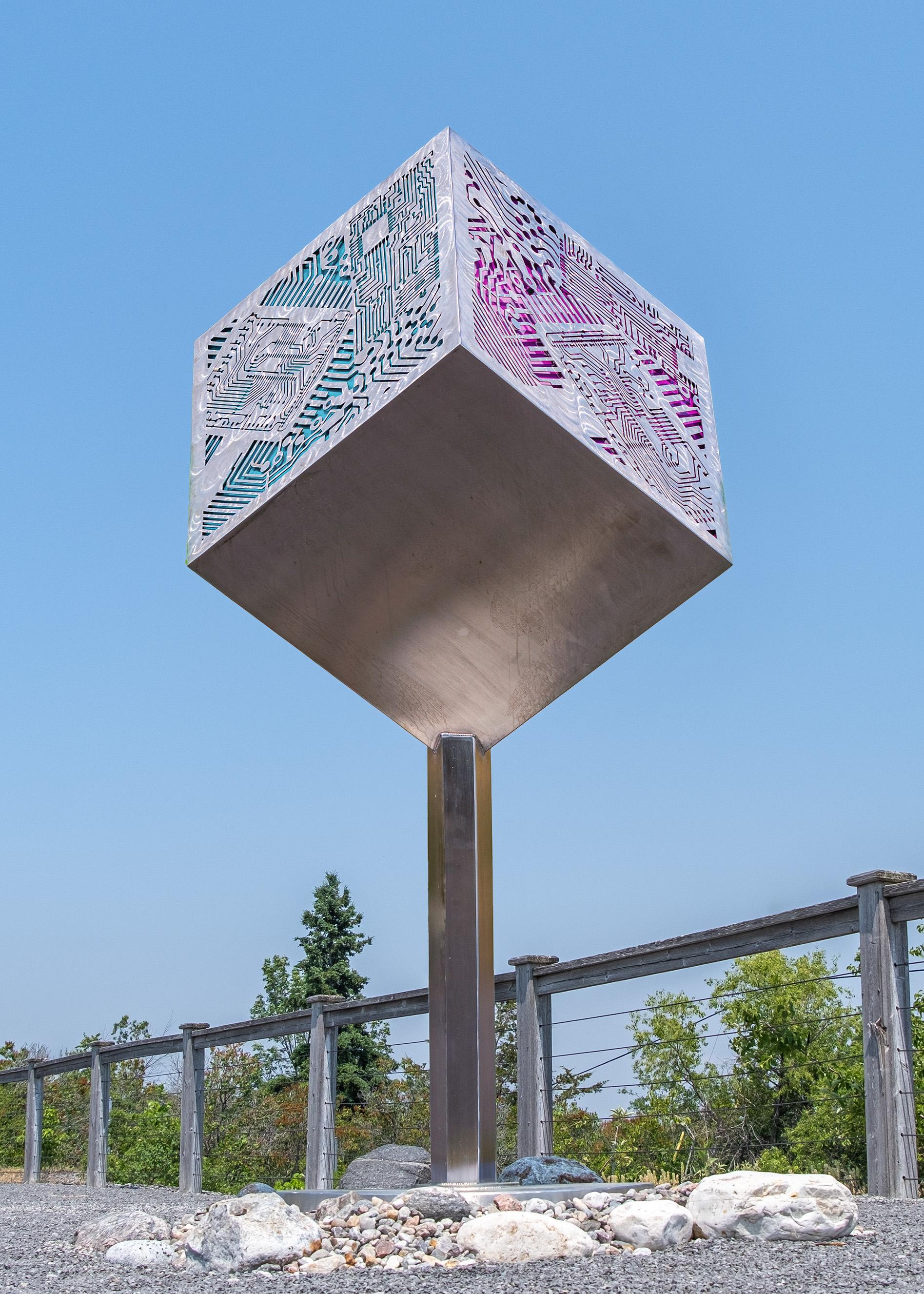 Platonic Solid Goes Digital - big outdoor steel sculpture. colorful motherboards - Sculpture by Jake Goertzen