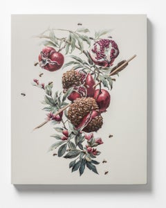 "Swarm", Acrylic Painting of Pomegranates and Swarming Bees on Panel