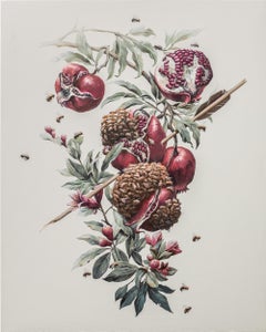 "Swarm", Acrylic Painting of Pomegranates and Swarming Bees on Panel