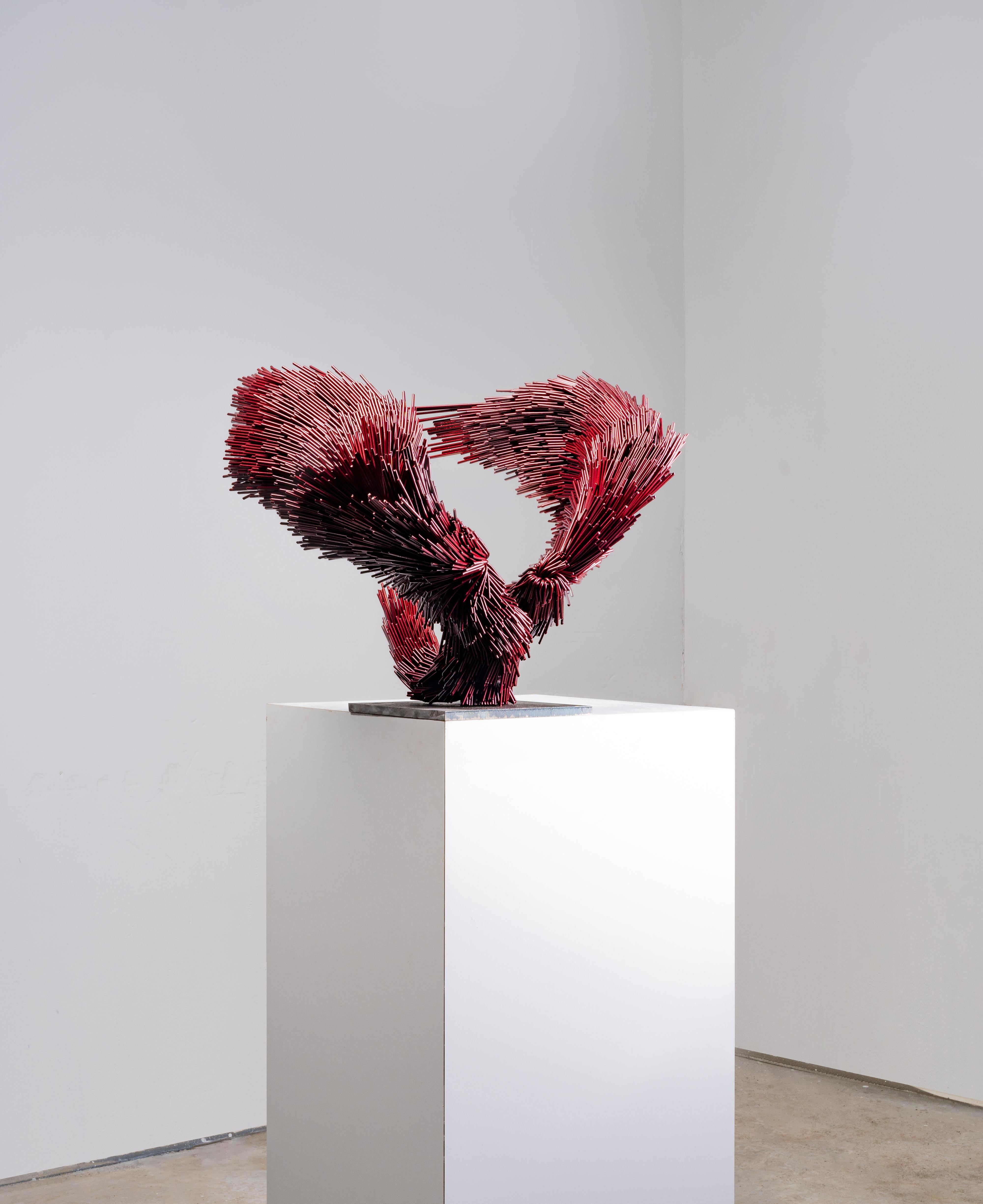 Jake Michael Singer Figurative Sculpture - Heart Murmur, Steel contemporary bird sculpture in red resembling a heart