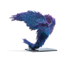Indigo Murmur, Steel contemporary bird sculpture in purple